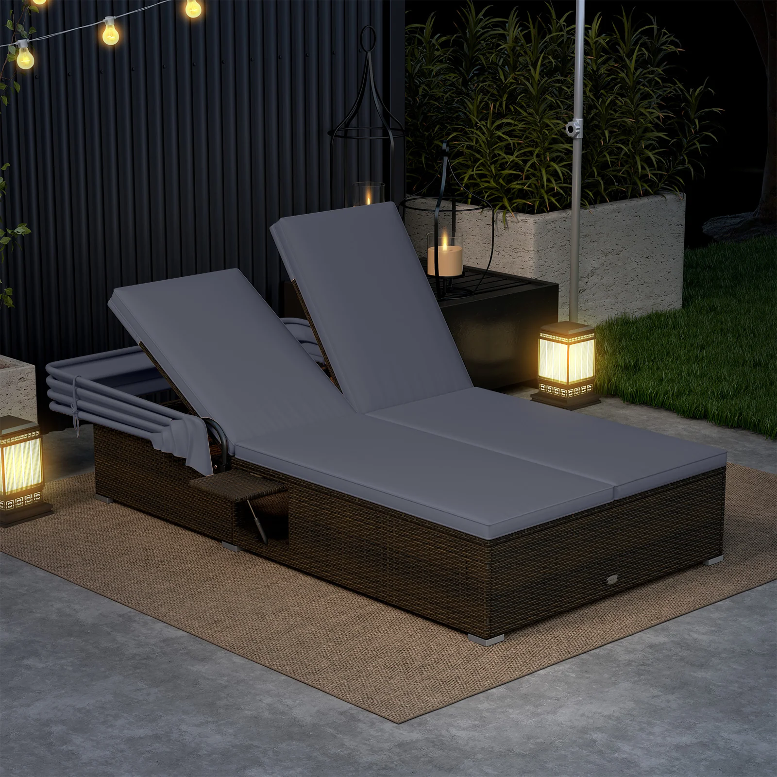 Patio Double Chaise Lounge with Shade Cushions and Folding Side Trays, Gray - Image 3