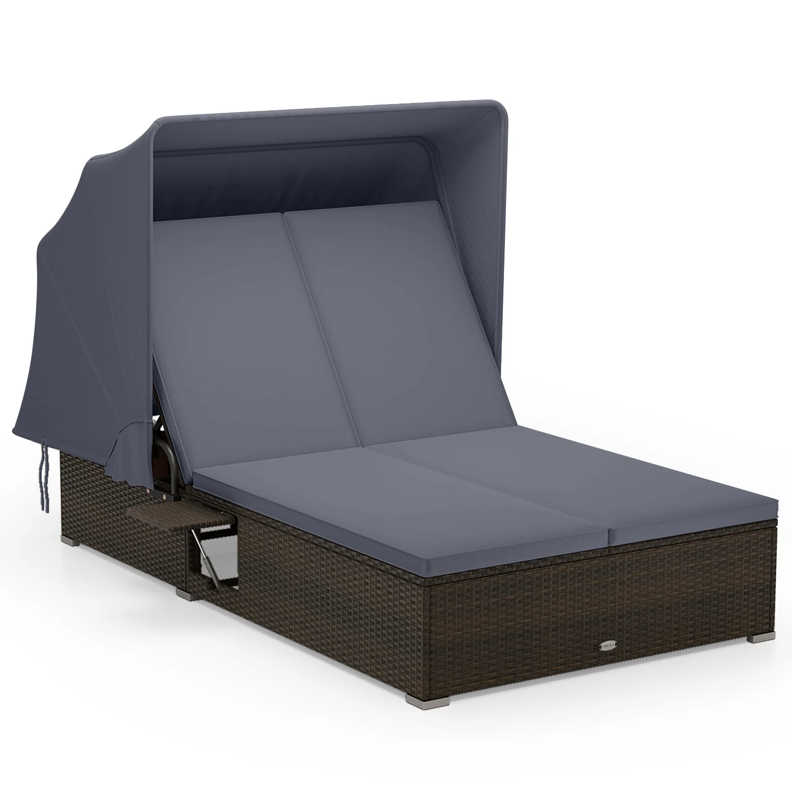 Patio Double Chaise Lounge with Shade Cushions and Folding Side Trays, Gray - Image 4