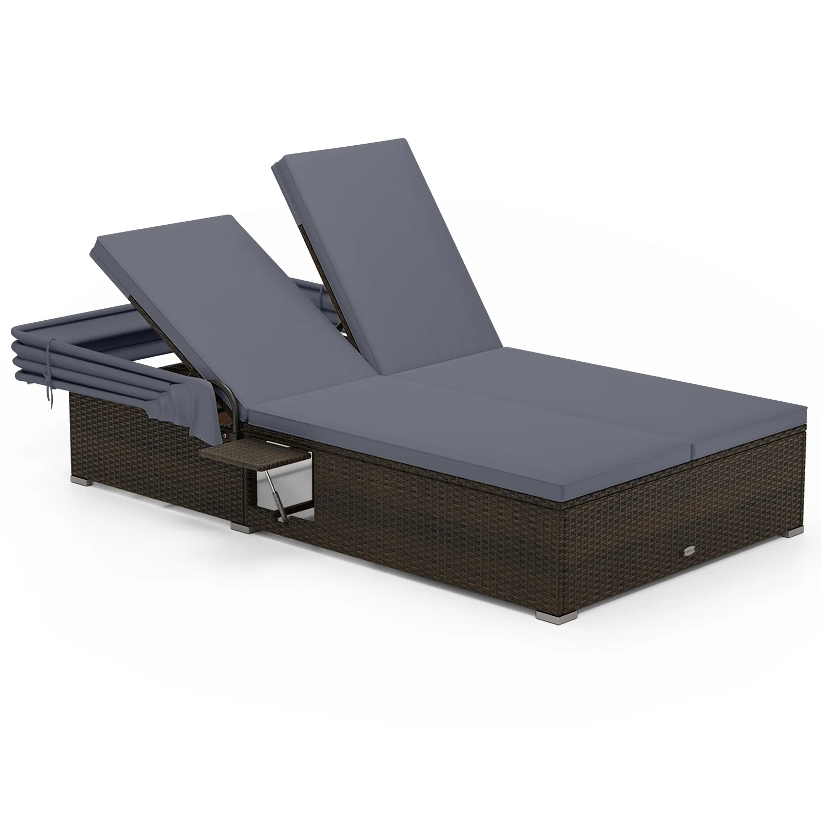 Patio Double Chaise Lounge with Shade Cushions and Folding Side Trays, Gray - Image 5