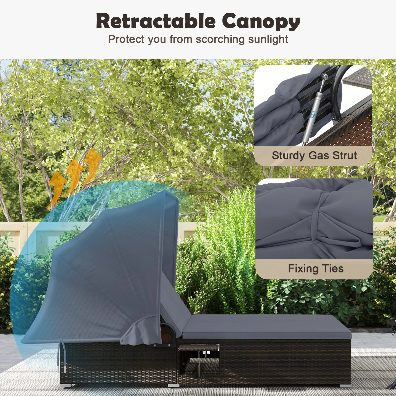 Patio Double Chaise Lounge with Shade Cushions and Folding Side Trays, Gray - Image 7