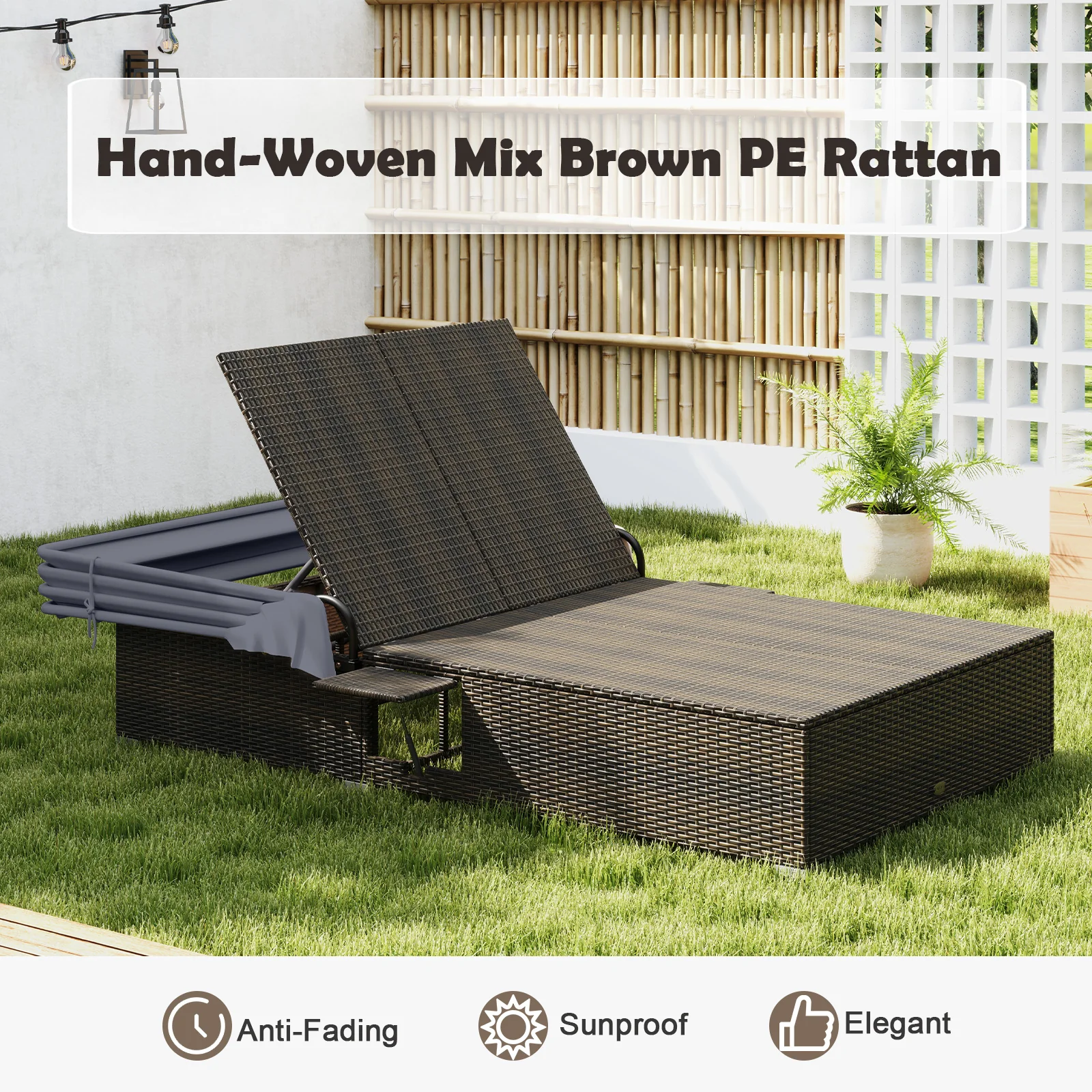 Patio Double Chaise Lounge with Shade Cushions and Folding Side Trays, Gray - Image 9