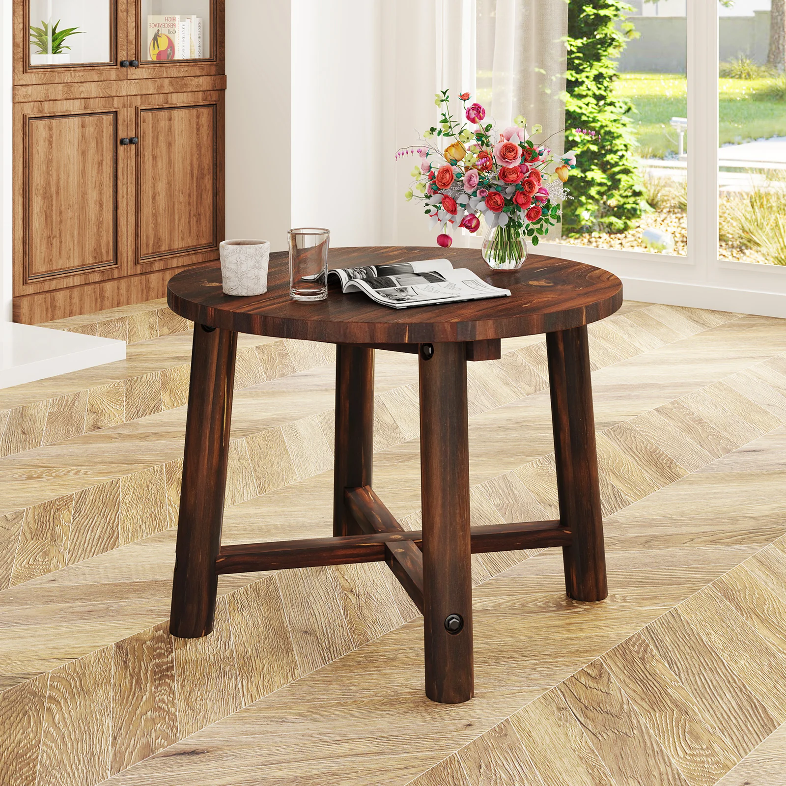Patio End Table, Solid Wood Structure, Brown - Image 3