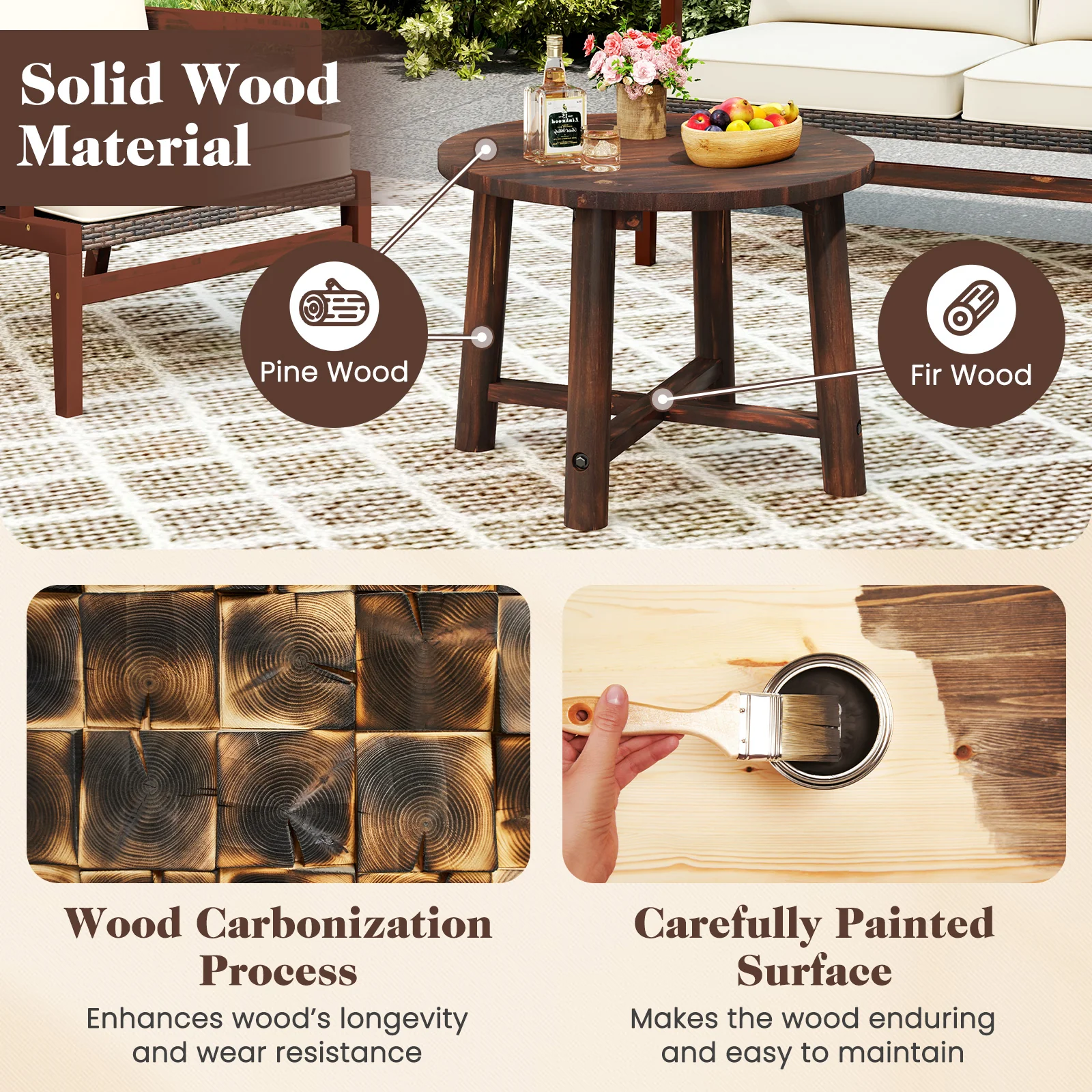 Patio End Table, Solid Wood Structure, Brown - Image 8