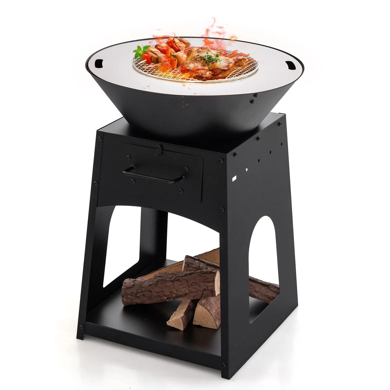 Patio Fire Pit With Firewood Log Rack, Grill, Ash Box, Black