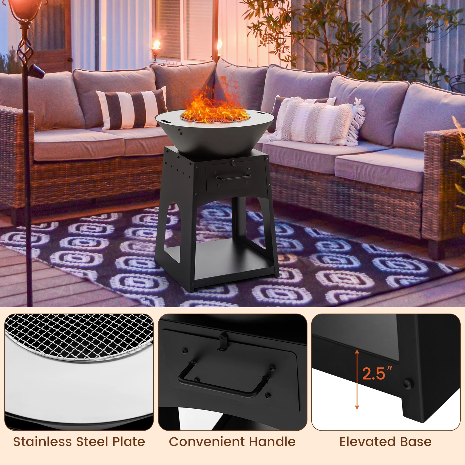 Patio Fire Pit With Firewood Log Rack, Grill, Ash Box, Black - Image 10