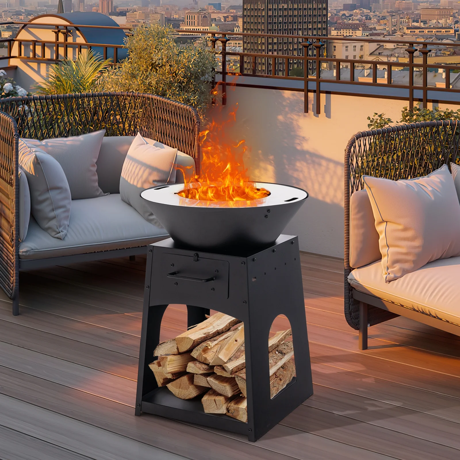 Patio Fire Pit With Firewood Log Rack, Grill, Ash Box, Black - Image 2