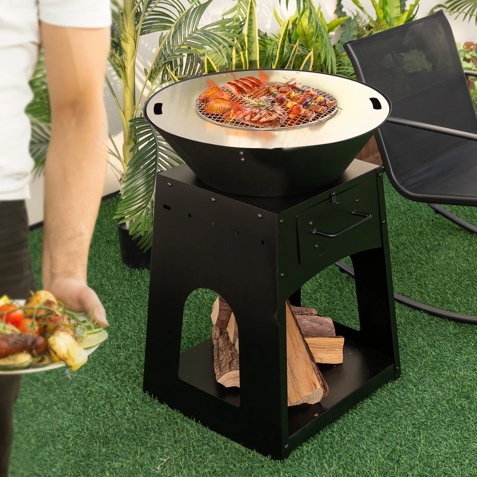 Patio Fire Pit With Firewood Log Rack, Grill, Ash Box, Black - Image 3