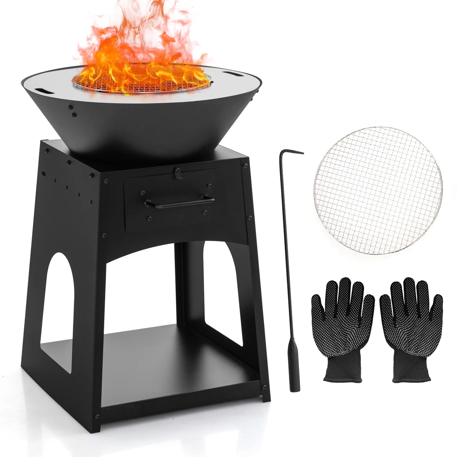 Patio Fire Pit With Firewood Log Rack, Grill, Ash Box, Black - Image 5