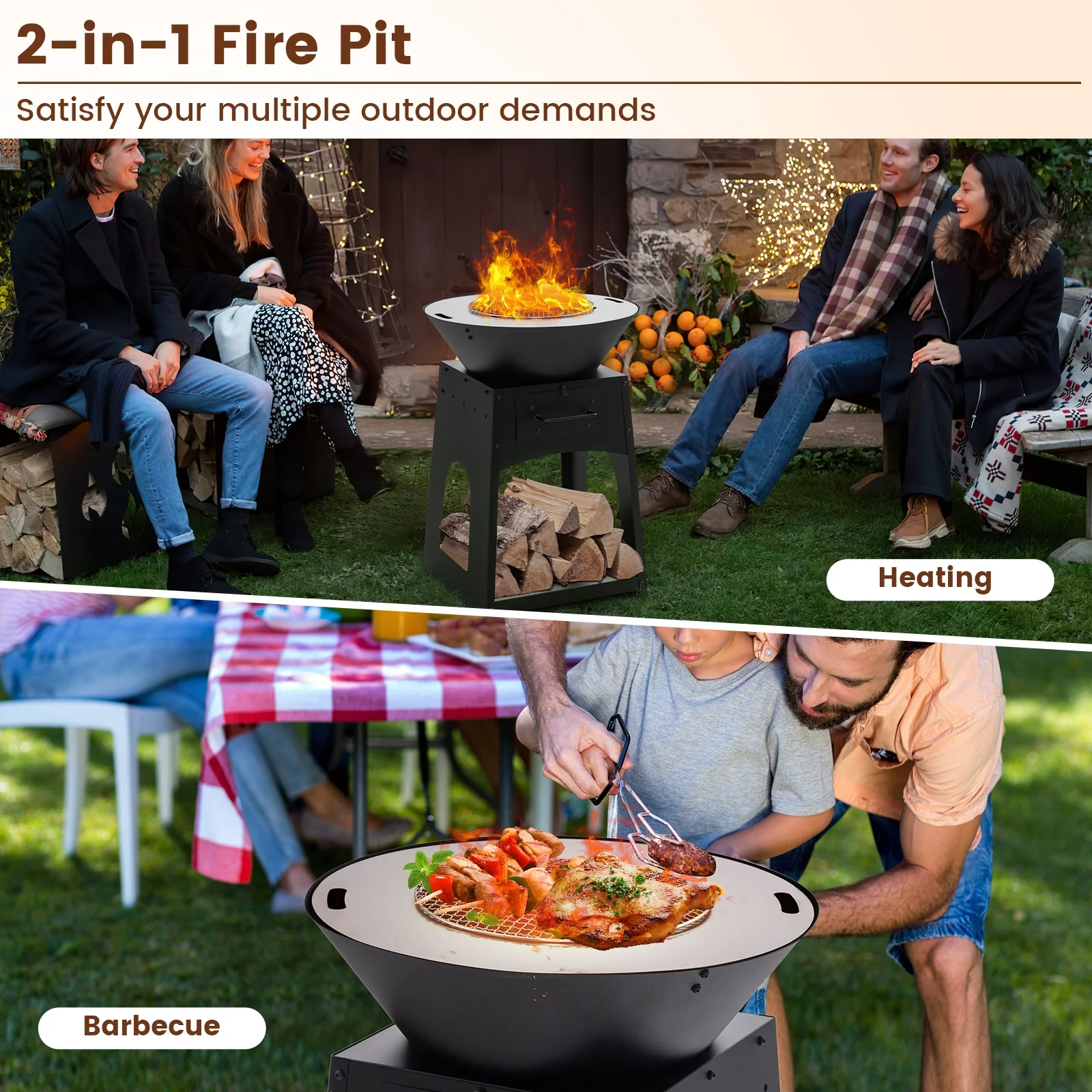 Patio Fire Pit With Firewood Log Rack, Grill, Ash Box, Black - Image 7