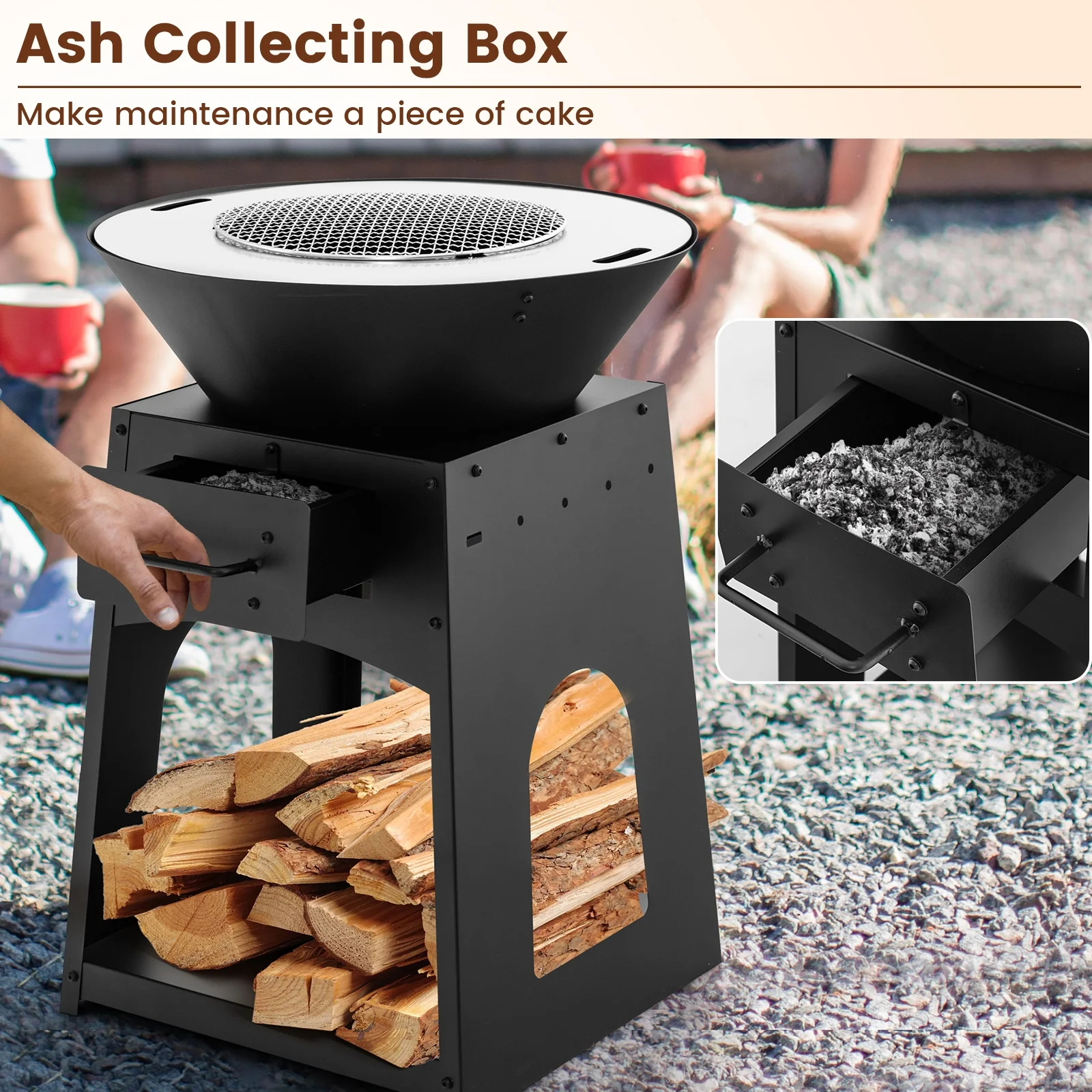 Patio Fire Pit With Firewood Log Rack, Grill, Ash Box, Black - Image 8