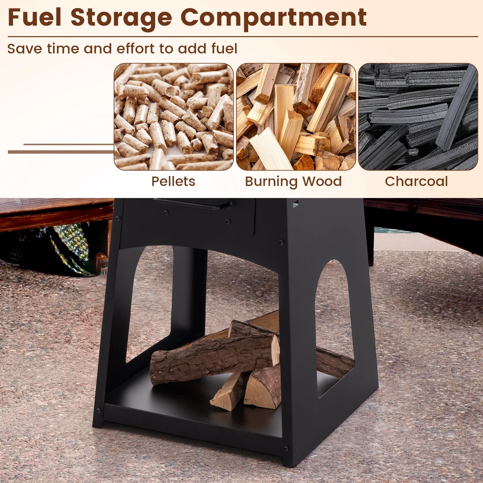 Patio Fire Pit With Firewood Log Rack, Grill, Ash Box, Black - Image 9