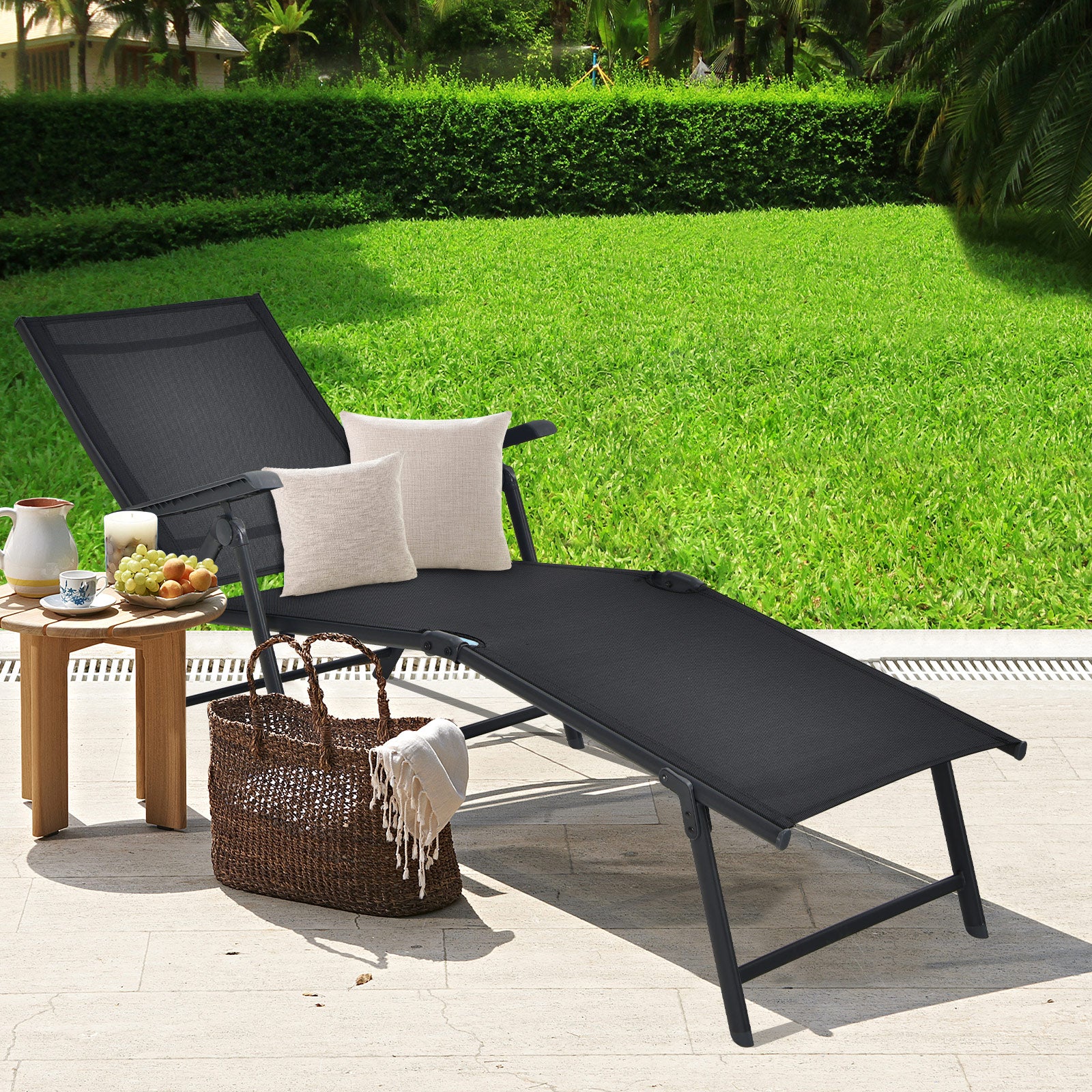 Patio Foldable Chaise Lounge Chair, Black - Image 3