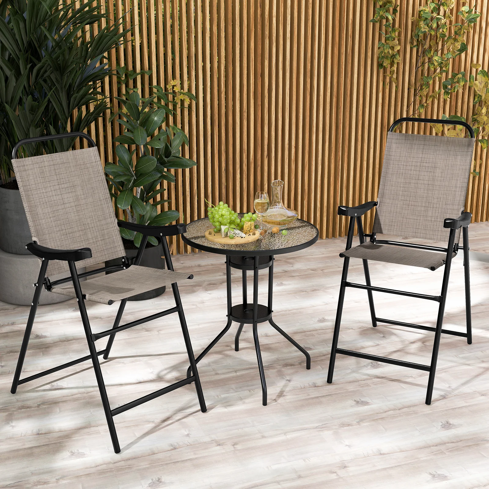 Patio Folding Bar Stool Set, Metal Frame With Footrest, Coffee - Image 2