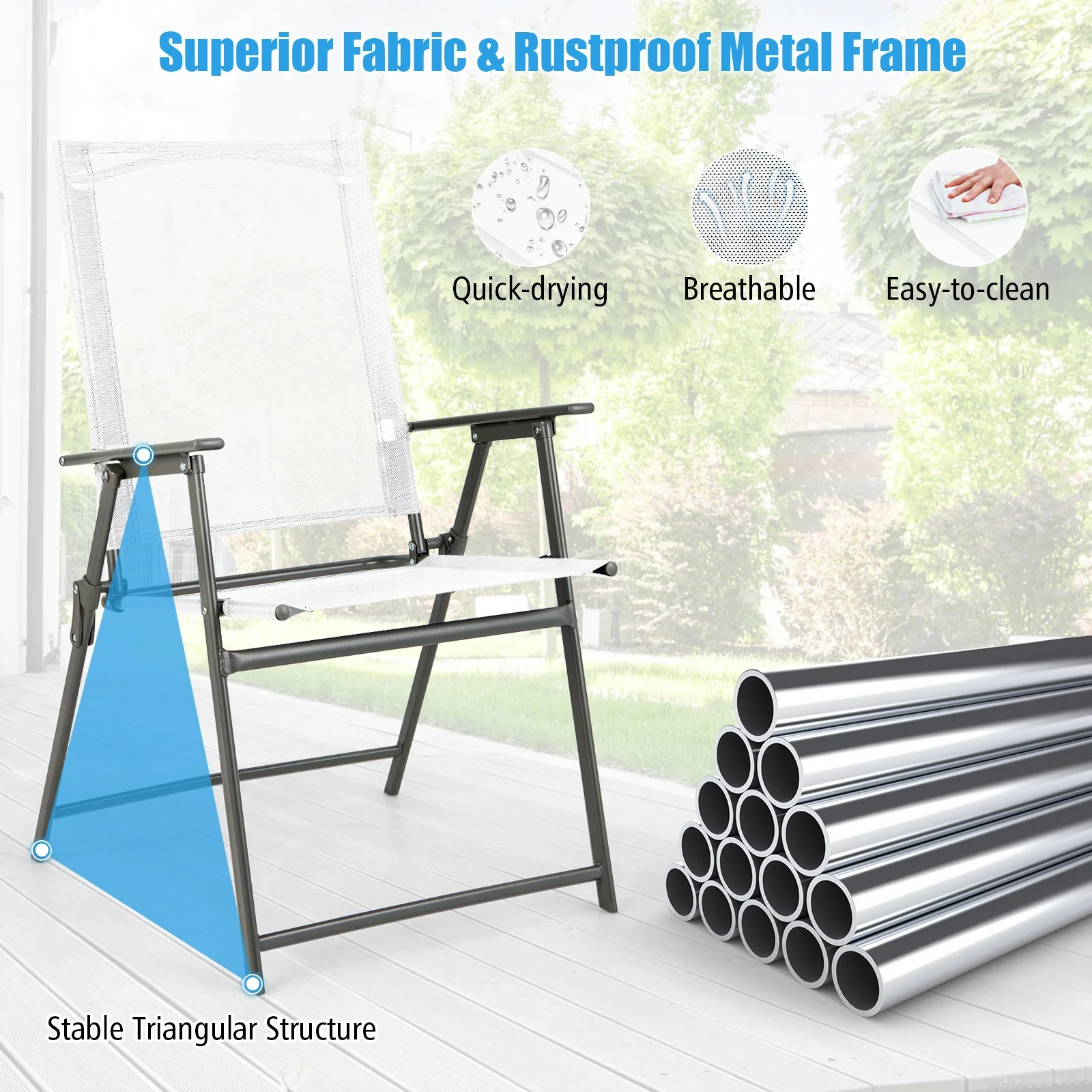 Patio Folding Chair Set, 4 Chairs, Rustproof Metal Frame, White - Image 9