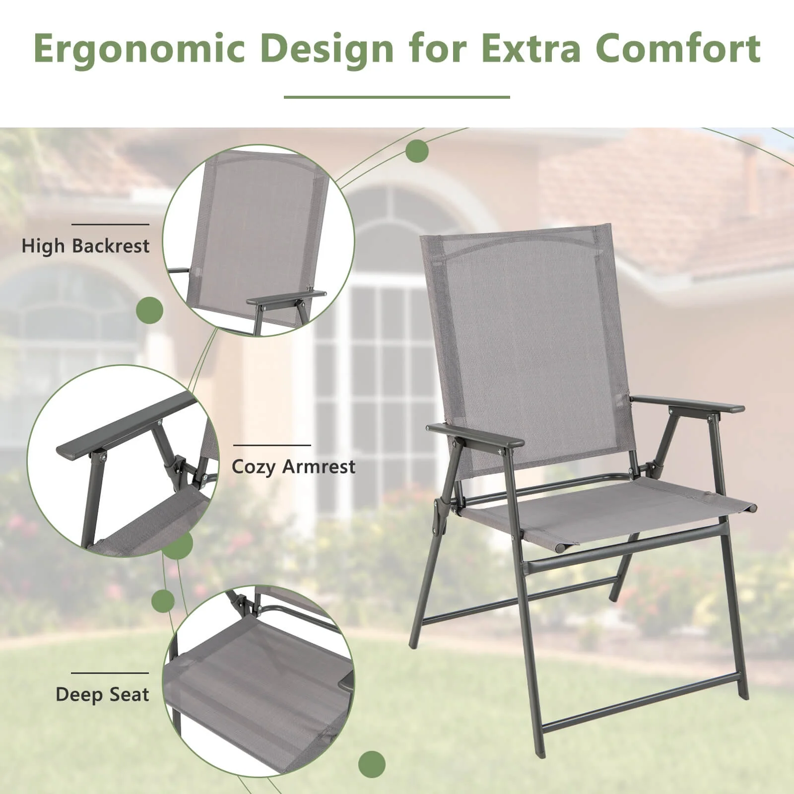 Patio Folding Chair Set, 4 Pack, Rustproof Metal Frame, Gray - Image 9