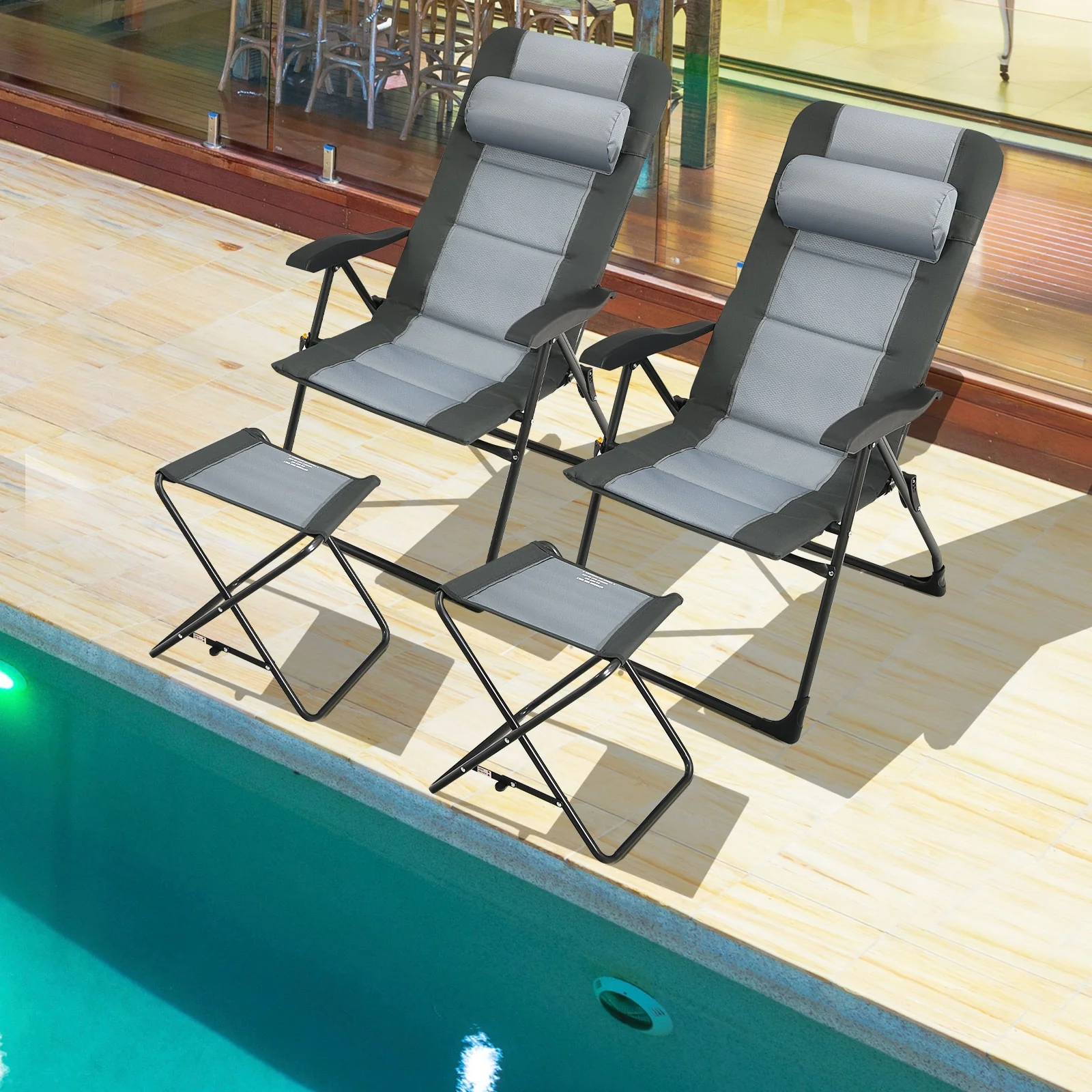 Patio Folding Dining Chair With Ottoman Set, Adjustable Recliner, Gray - Image 2