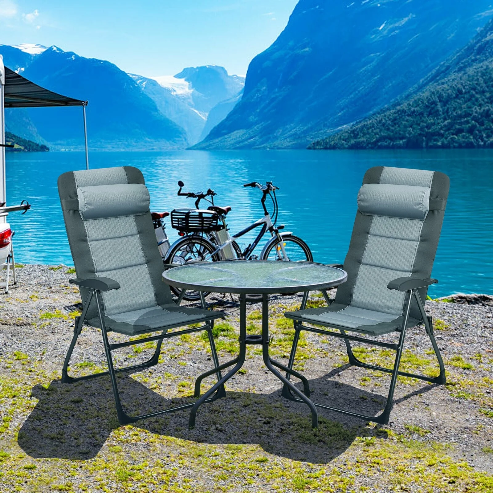 Patio Folding Dining Chair With Ottoman Set, Adjustable Recliner, Gray - Image 3