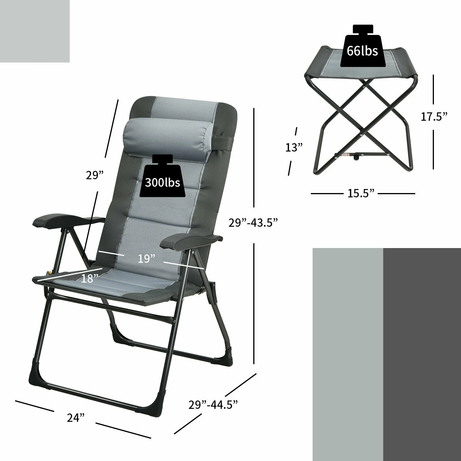 Patio Folding Dining Chair With Ottoman Set, Adjustable Recliner, Gray - Image 6