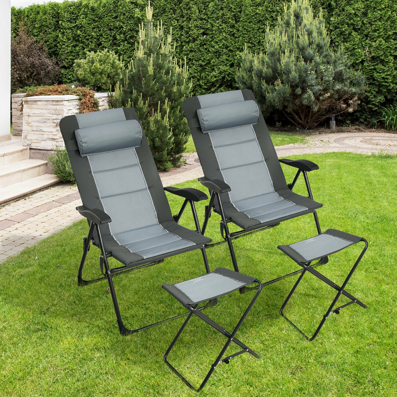 Patio Folding Dining Chair With Ottoman Set, Adjustable Recliner, Gray - Image 7