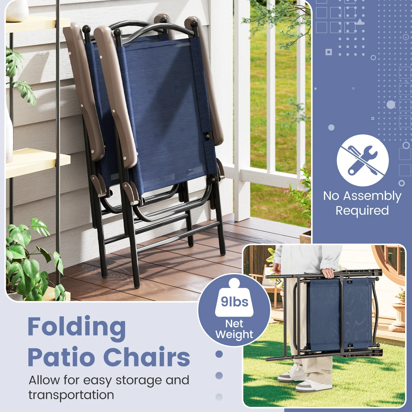 Patio Folding Sling Back Camping Deck Chairs, Set of 2, Navy - Image 10