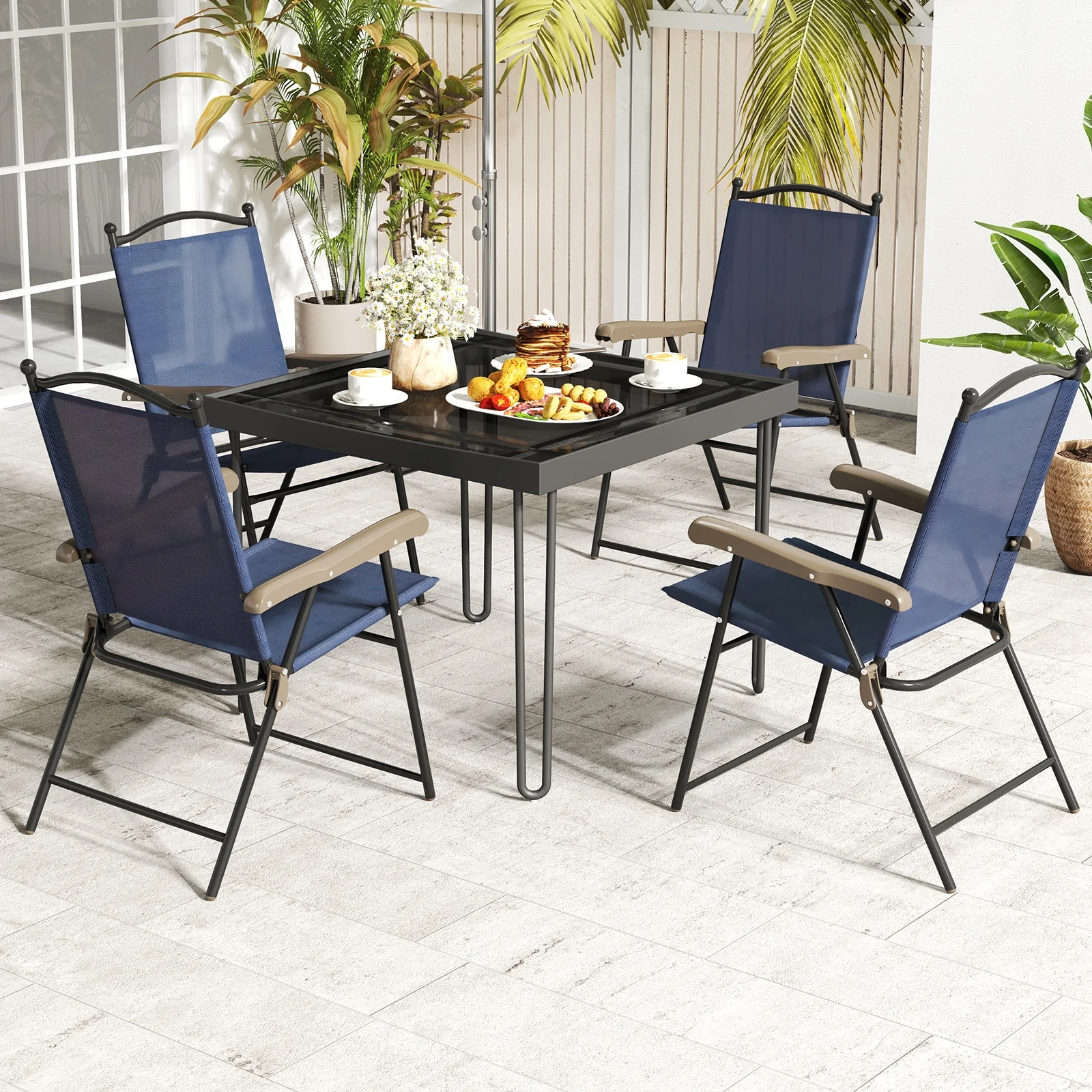 Patio Folding Sling Back Camping Deck Chairs, Set of 2, Navy - Image 6