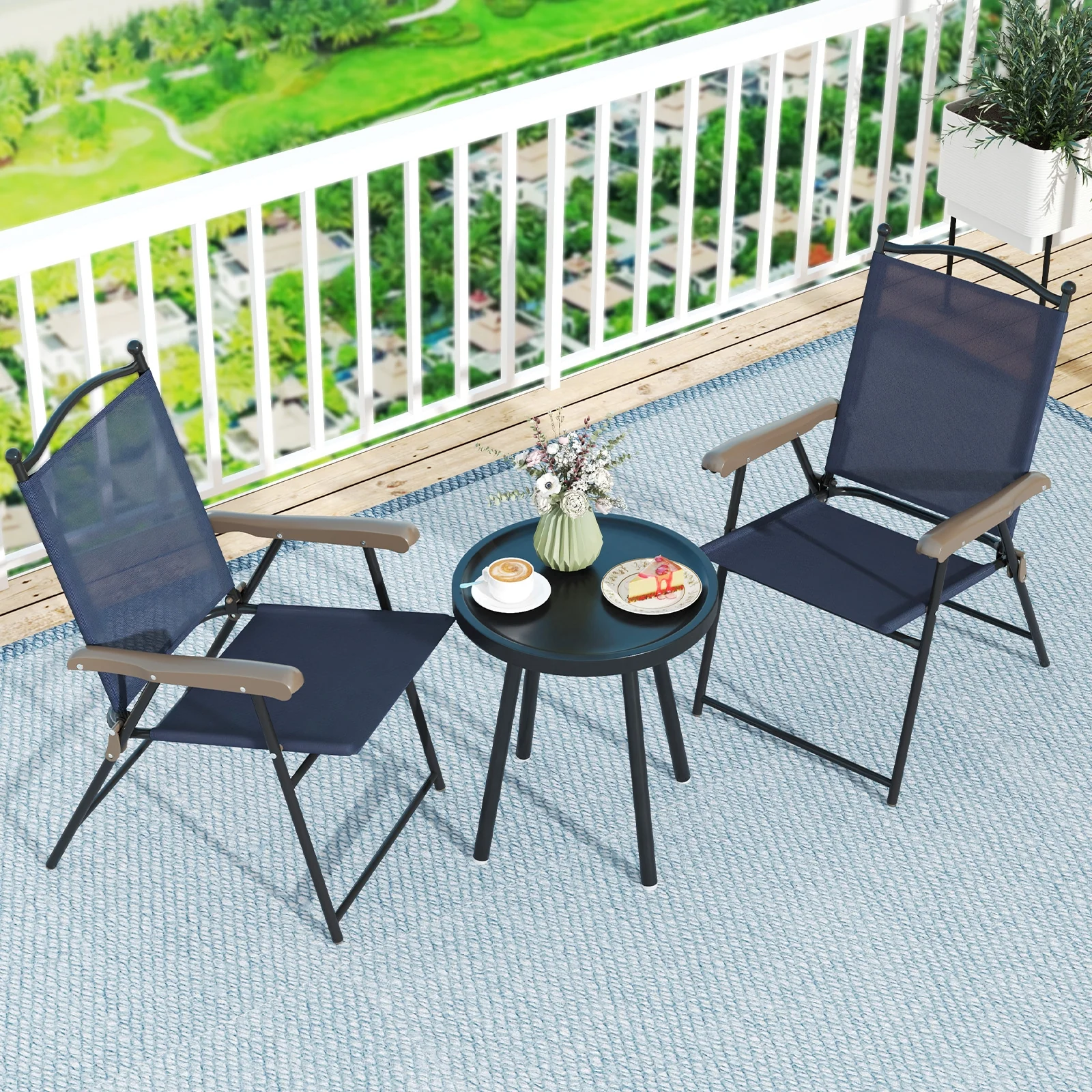 Patio Folding Sling Back Camping Deck Chairs, Set of 2, Navy - Image 7