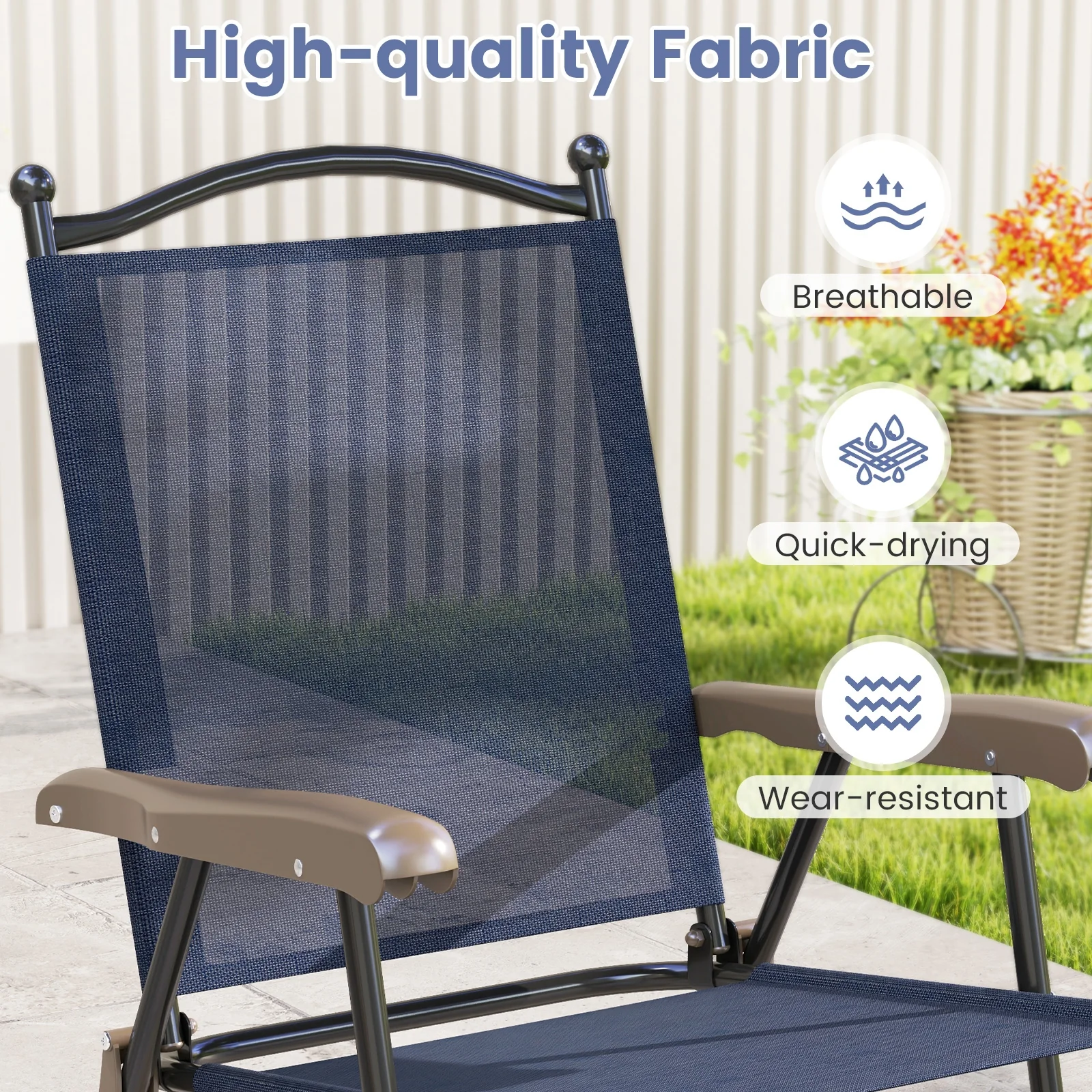 Patio Folding Sling Back Camping Deck Chairs, Set of 2, Navy - Image 8