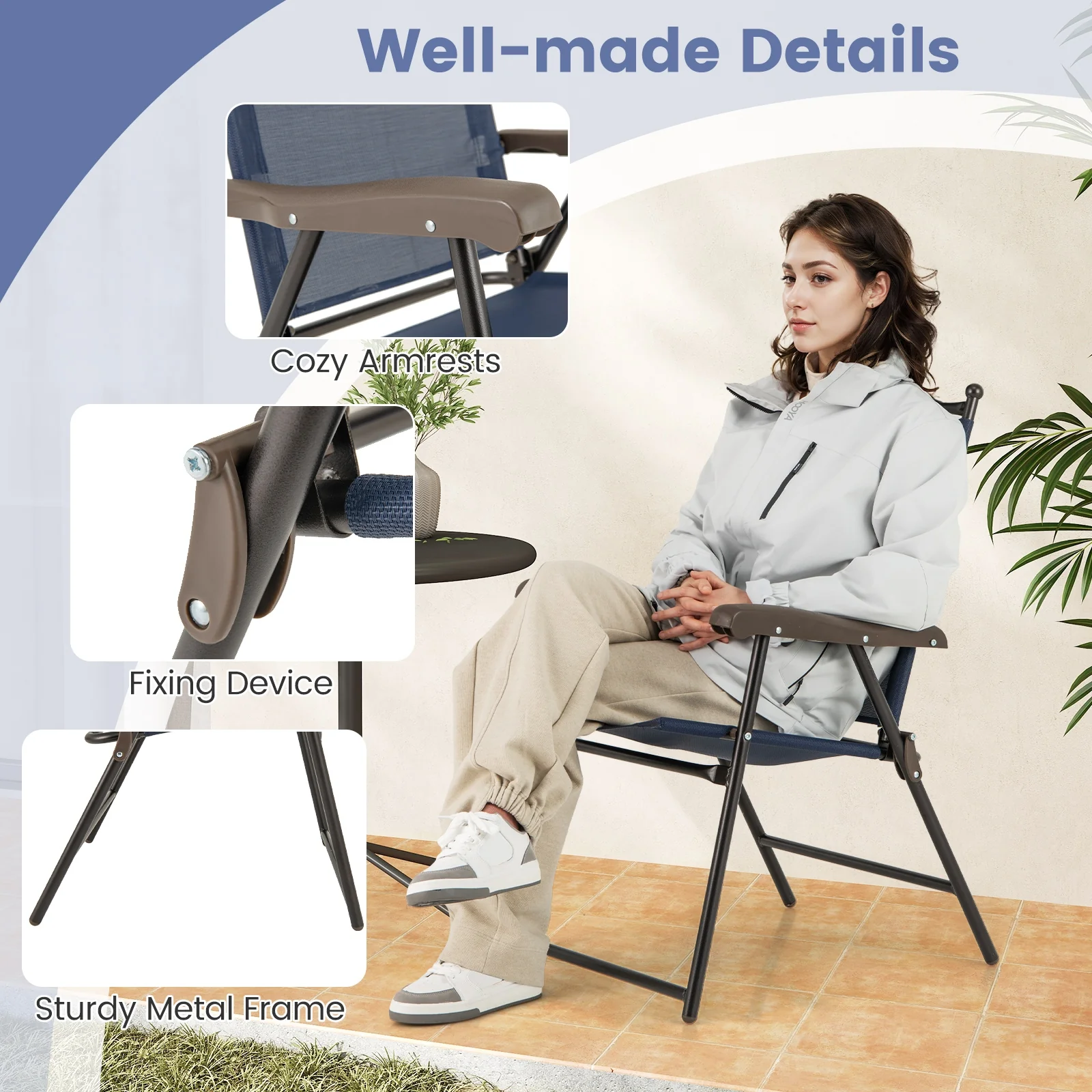 Patio Folding Sling Back Camping Deck Chairs, Set of 2, Navy - Image 9
