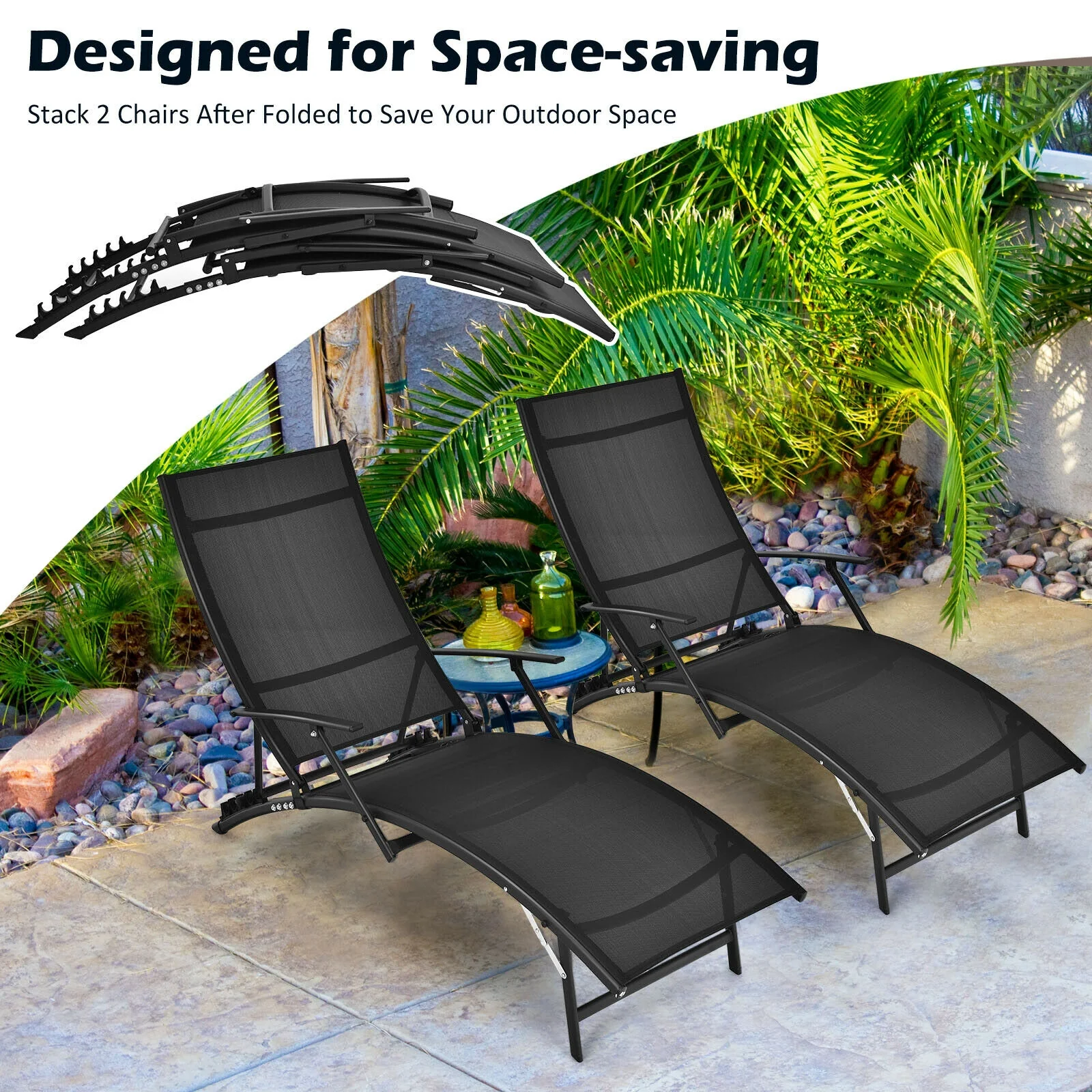 Patio Folding Stackable Lounge Chair Chaise, Black - Image 10