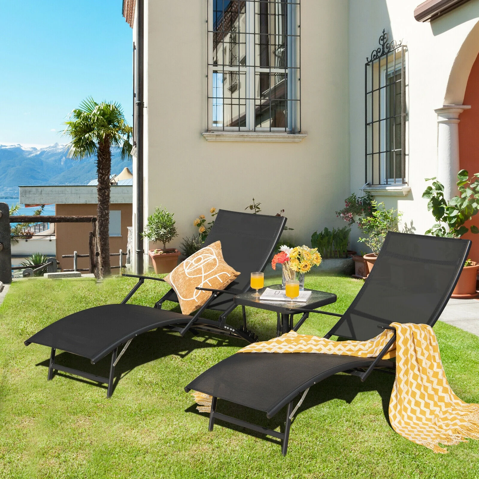 Patio Folding Stackable Lounge Chair Chaise, Black - Image 2