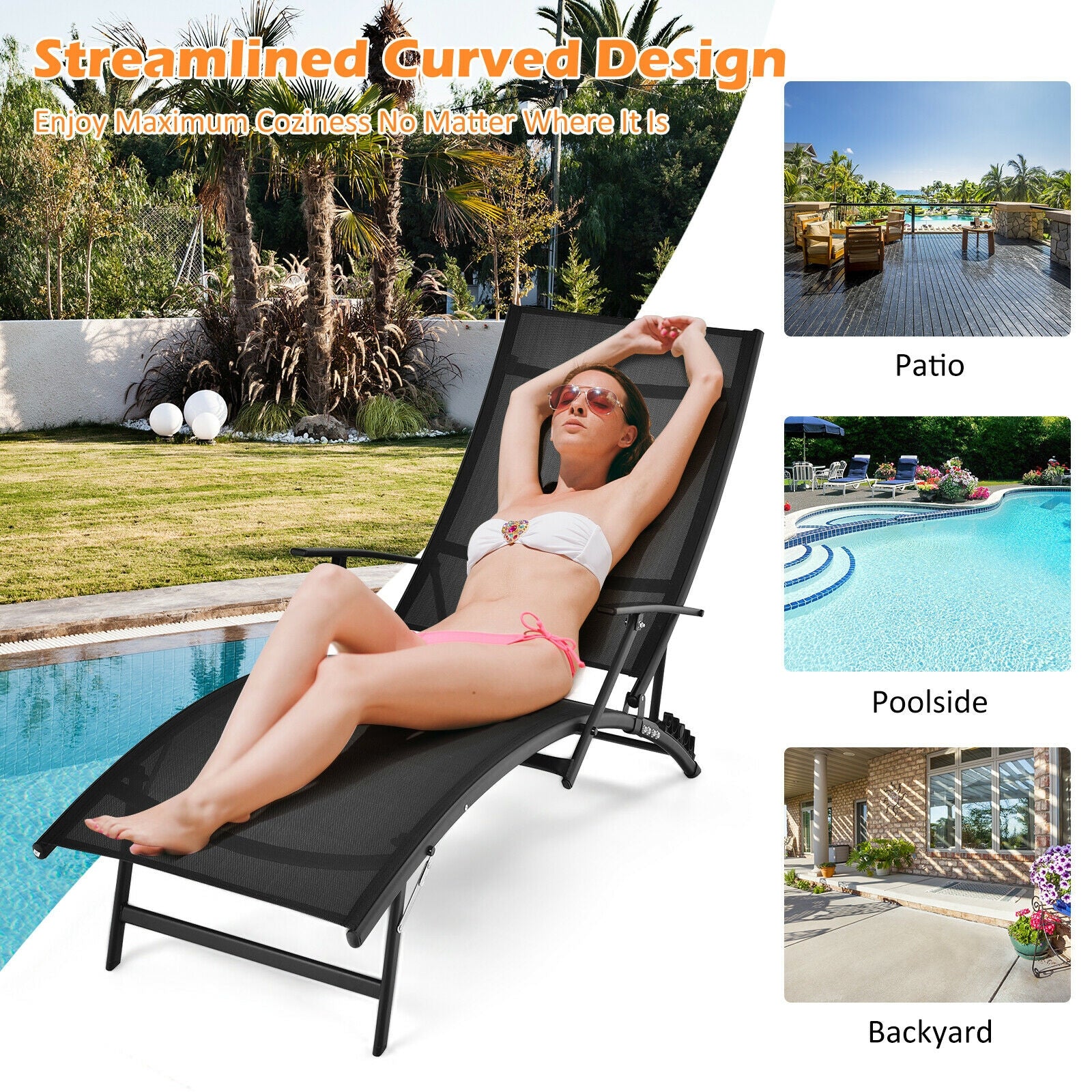 Patio Folding Stackable Lounge Chair Chaise, Black - Image 3