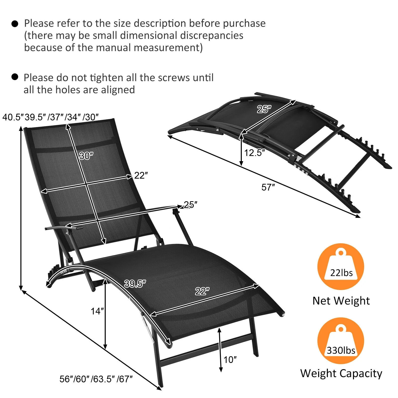 Patio Folding Stackable Lounge Chair Chaise, Black - Image 5