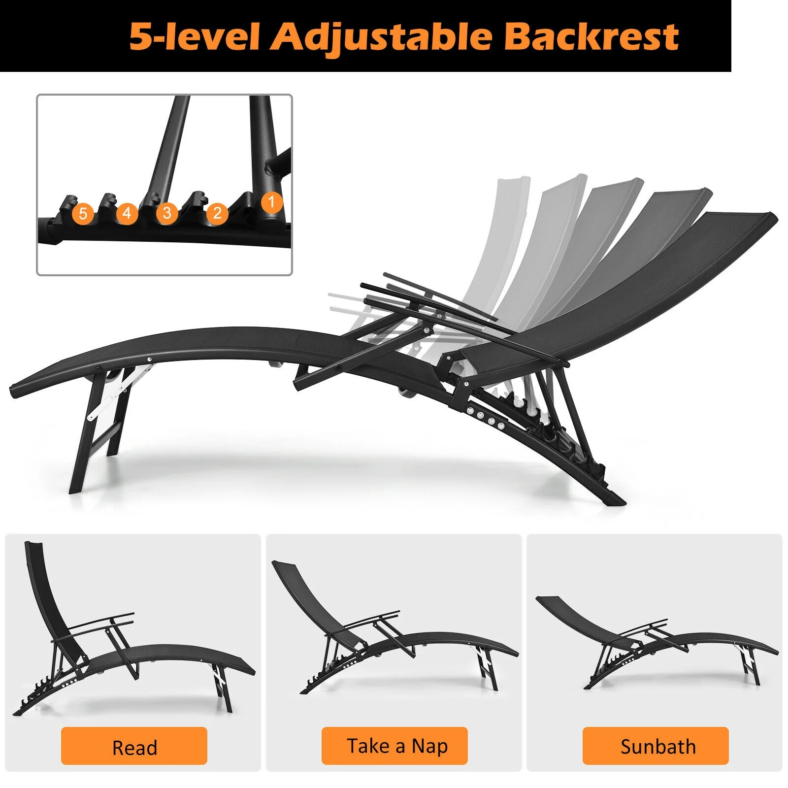 Patio Folding Stackable Lounge Chair Chaise, Black - Image 6