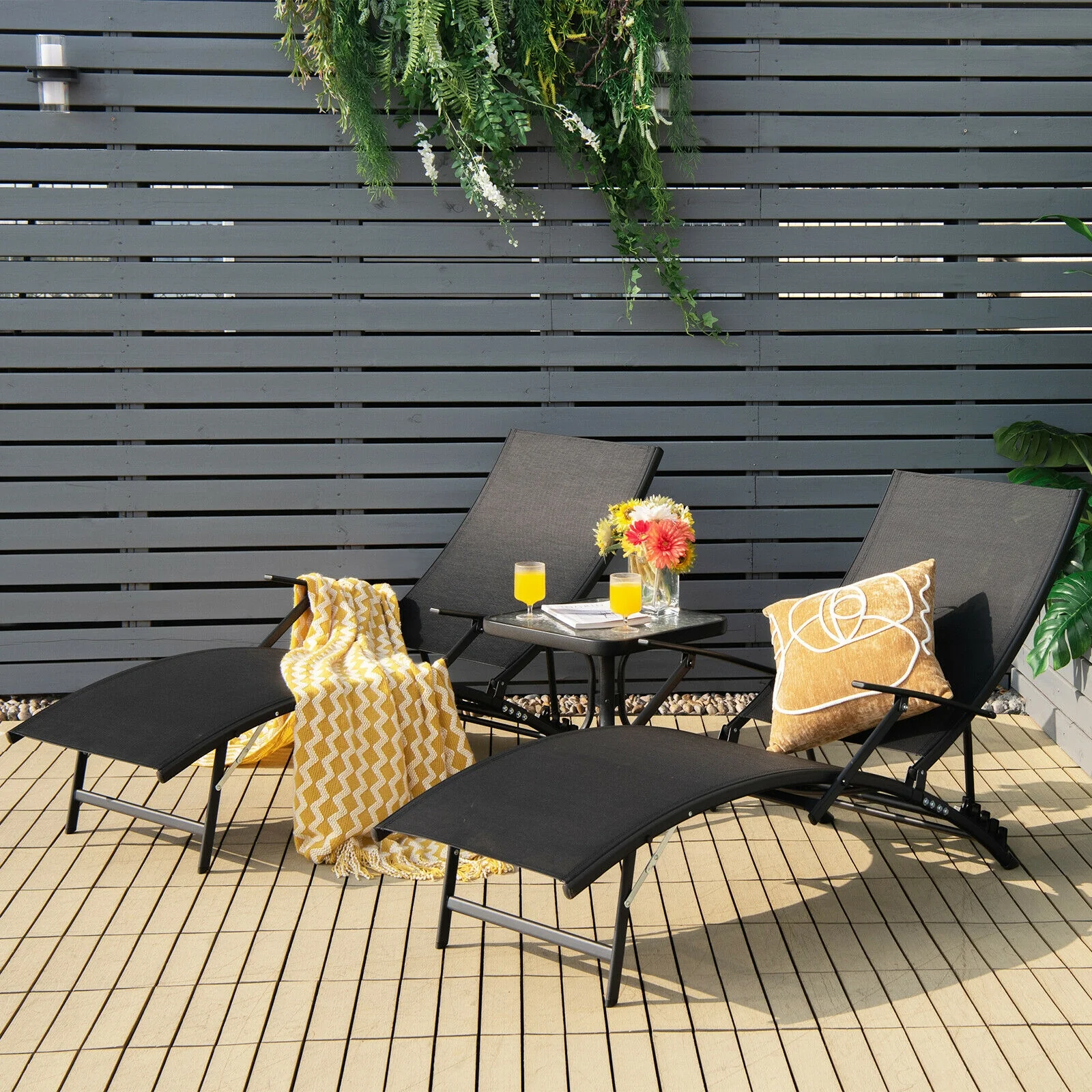 Patio Folding Stackable Lounge Chair Chaise, Black - Image 8