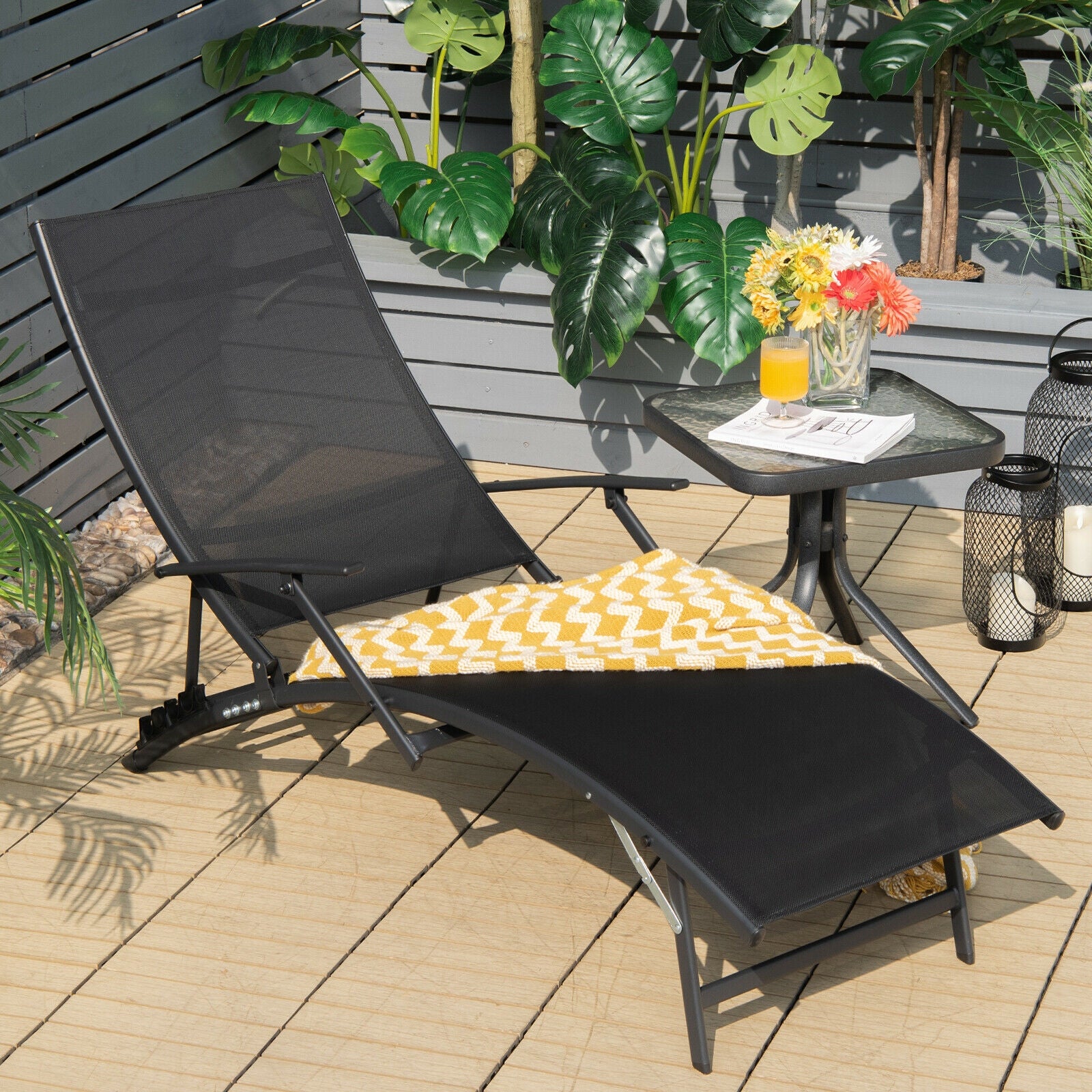 Patio Folding Stackable Lounge Chair Chaise, Black - Image 9