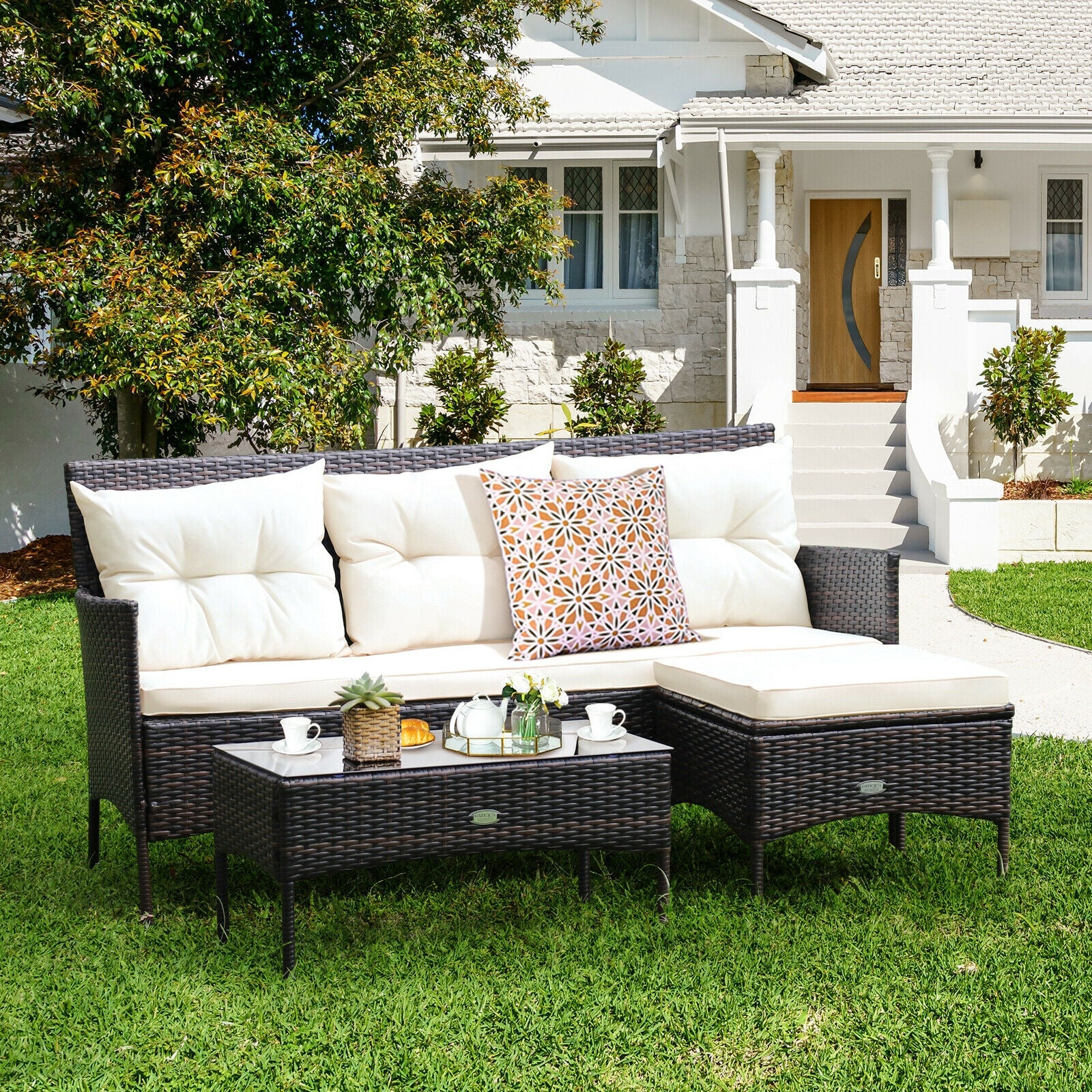 Patio Furniture Sectional Set, 3 Pieces, 5 Cushions, White - Image 2