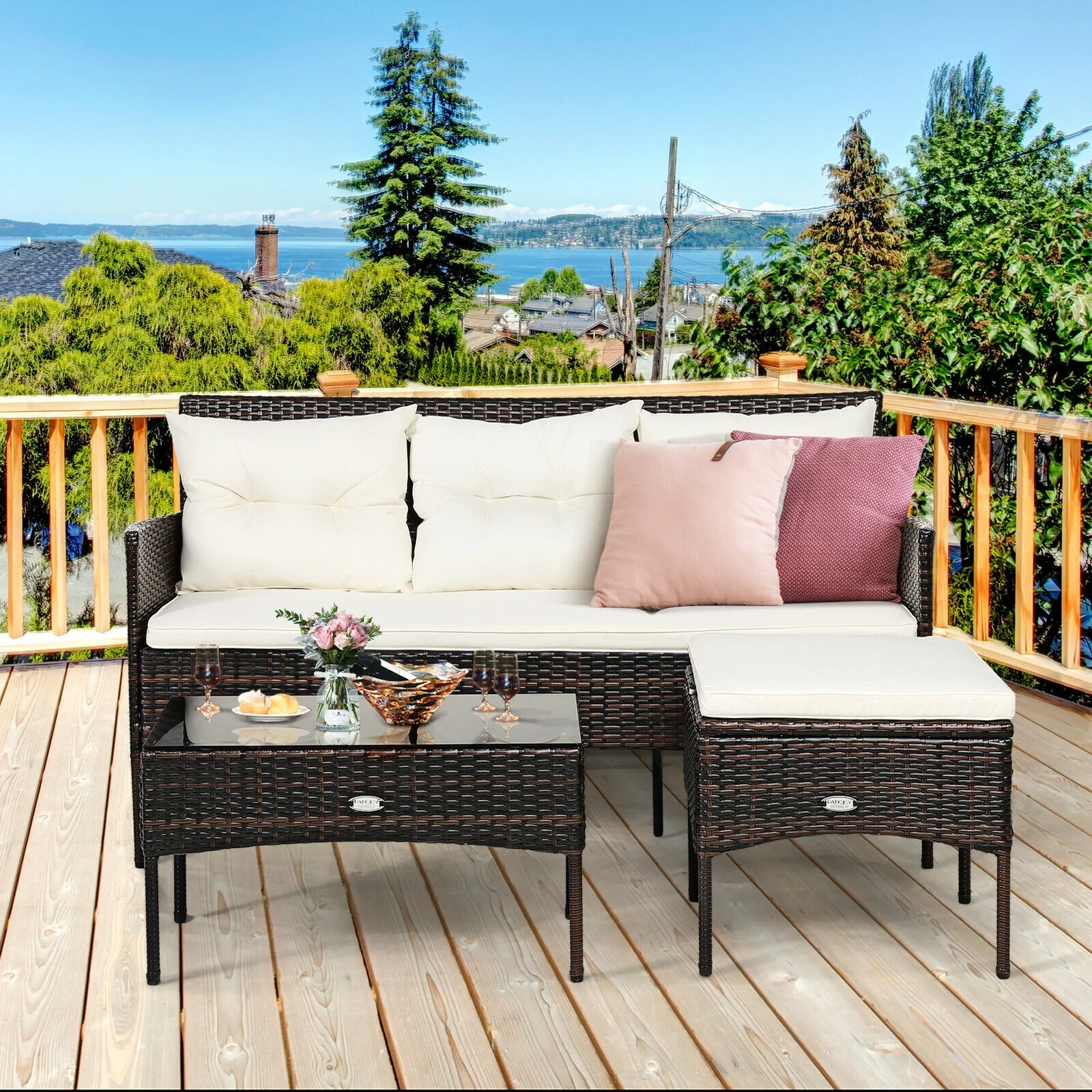 Patio Furniture Sectional Set, 3 Pieces, 5 Cushions, White - Image 3
