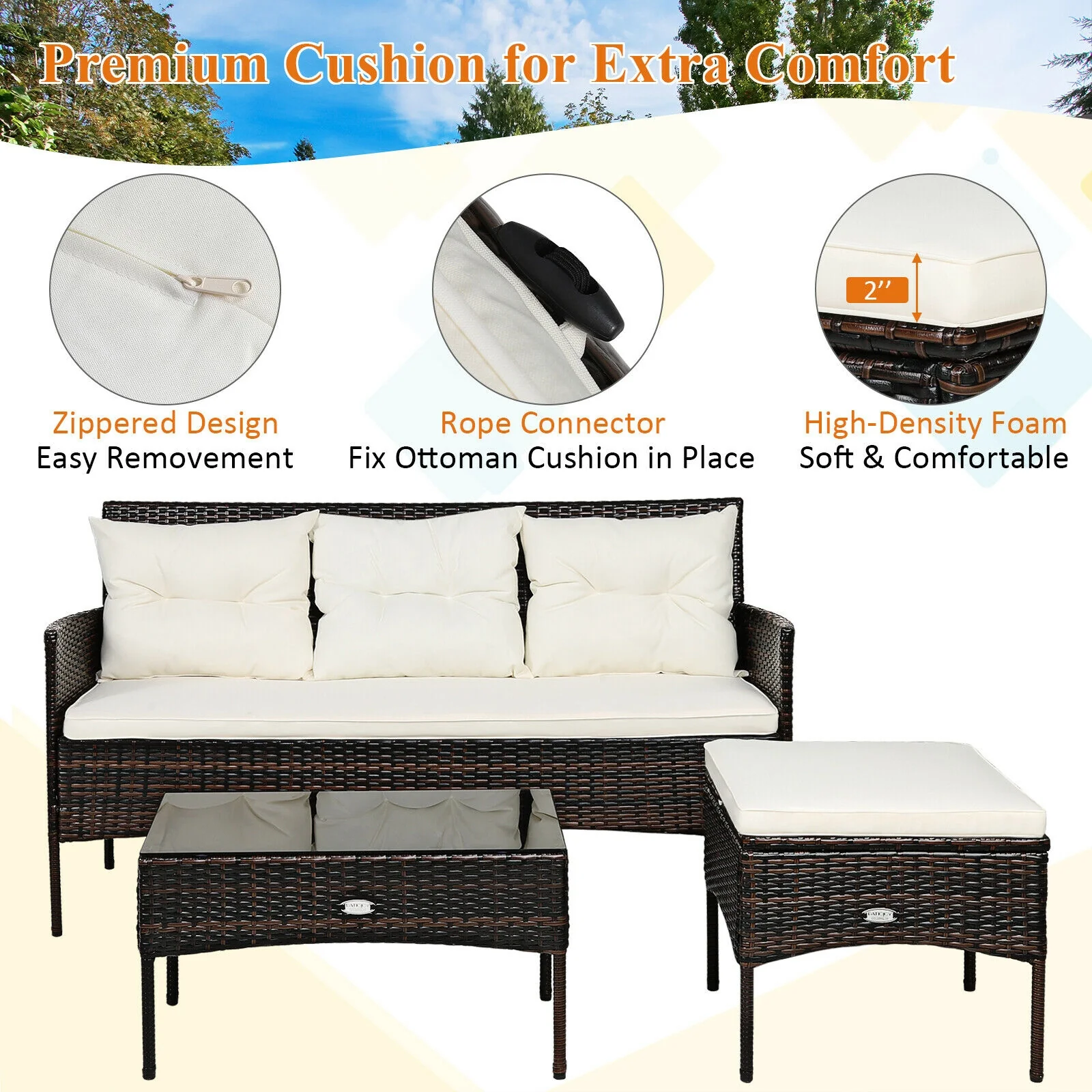Patio Furniture Sectional Set, 3 Pieces, 5 Cushions, White - Image 7
