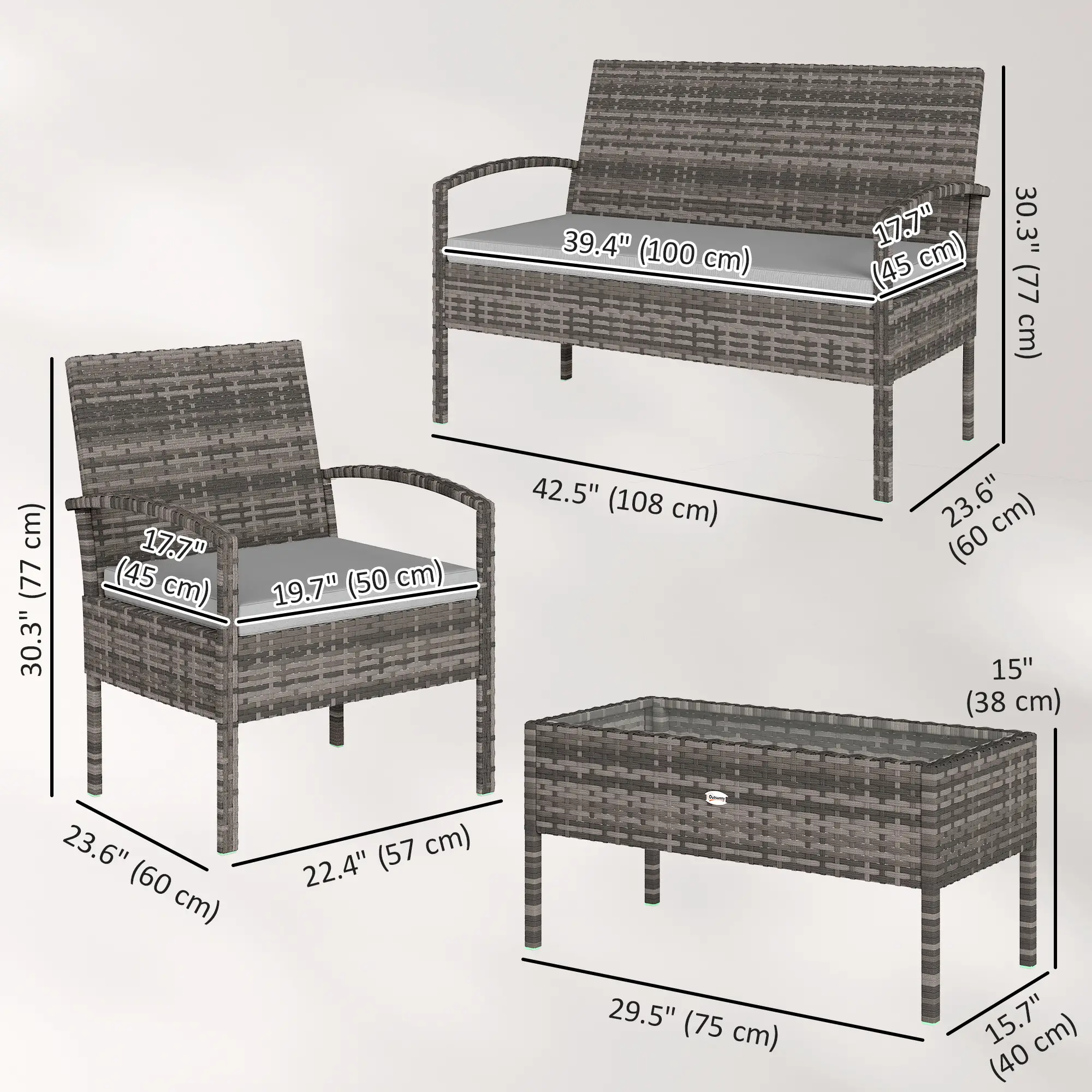 Patio Furniture Set, Loveseat, 2 Armchairs & Coffee Table, Light Grey - Image 3