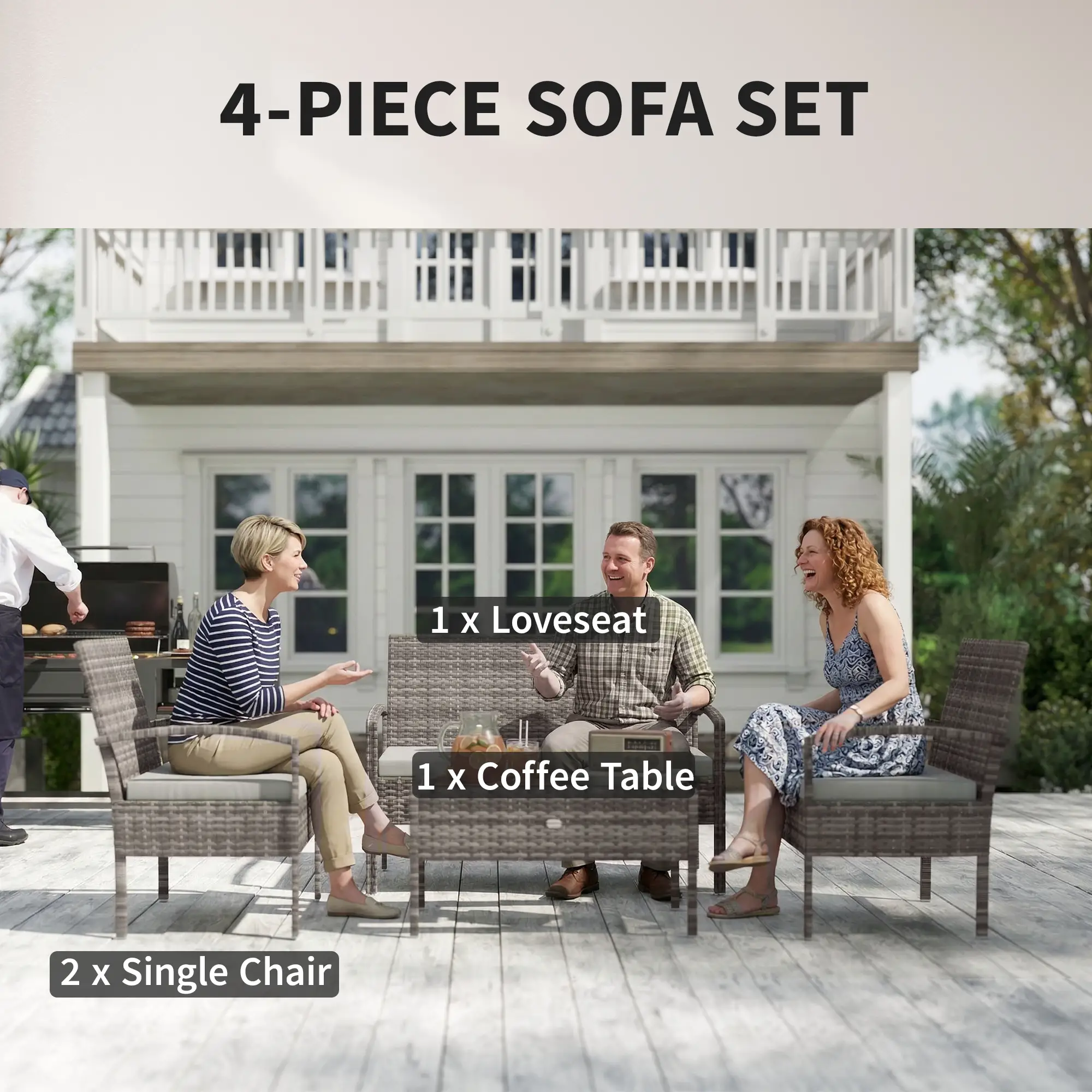 Patio Furniture Set, Loveseat, 2 Armchairs & Coffee Table, Light Grey - Image 4