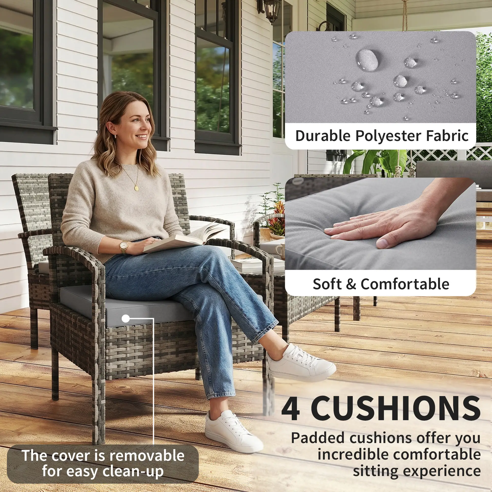 Patio Furniture Set, Loveseat, 2 Armchairs & Coffee Table, Light Grey - Image 5