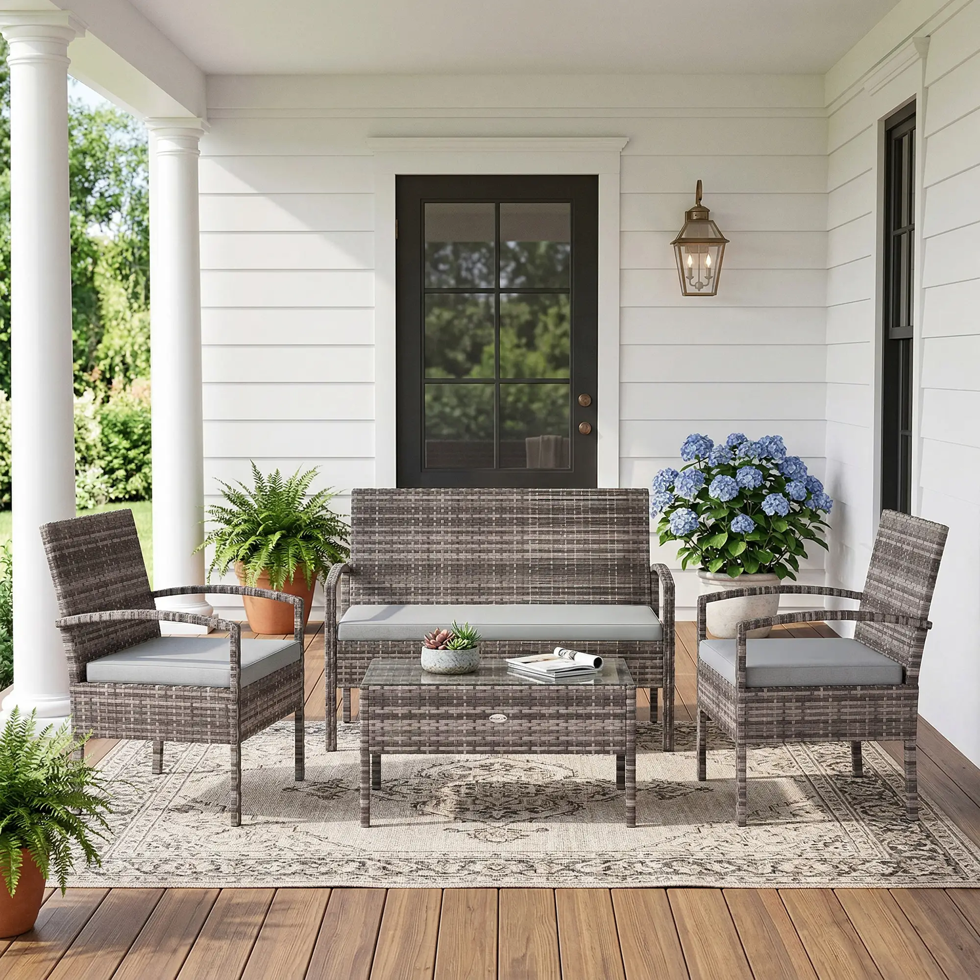 Patio Furniture Set, Loveseat, 2 Armchairs & Coffee Table, Light Grey - Image 6