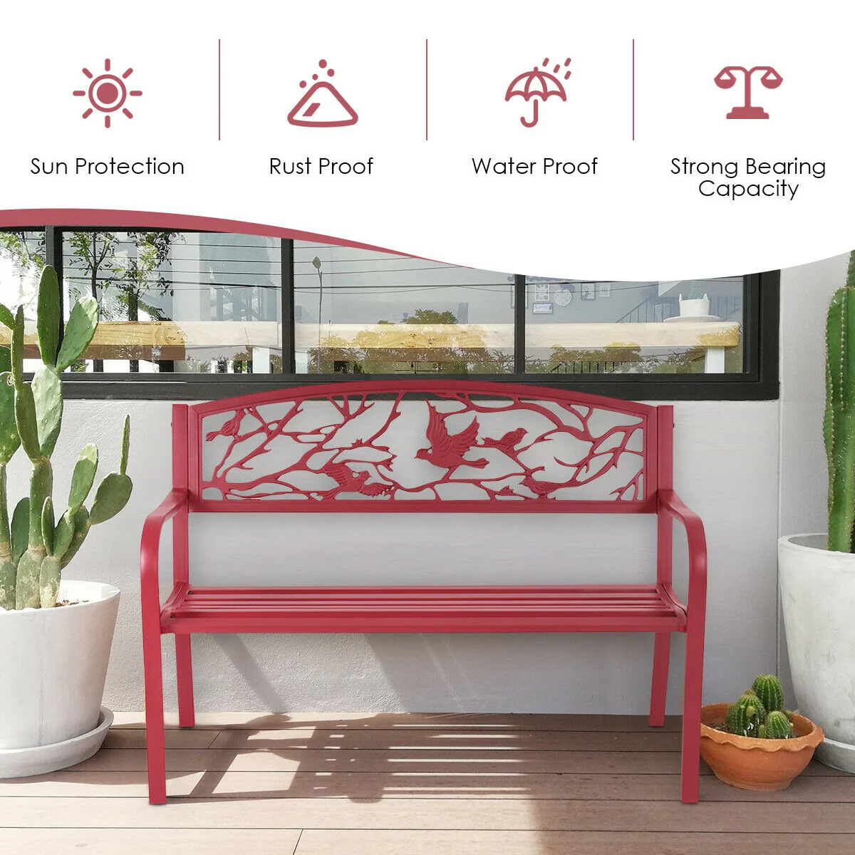 Patio Garden Bench, Outdoor Furniture, Red - Image 7
