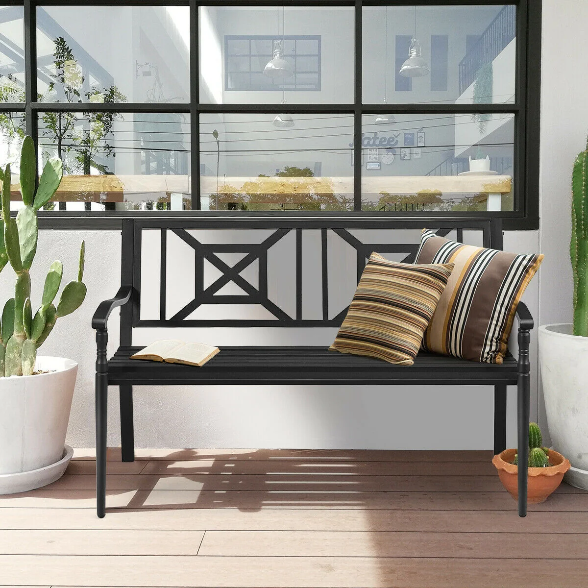 Patio Garden Bench, Powder Coated Steel Frame, Black - Image 2