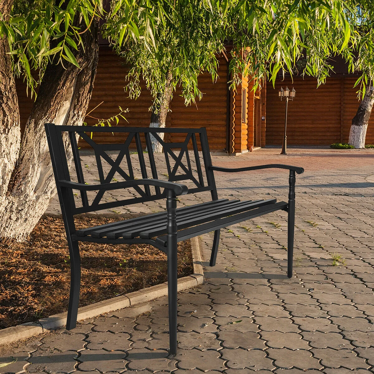 Patio Garden Bench, Powder Coated Steel Frame, Black - Image 3