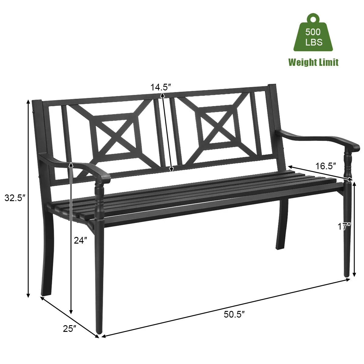 Patio Garden Bench, Powder Coated Steel Frame, Black - Image 6