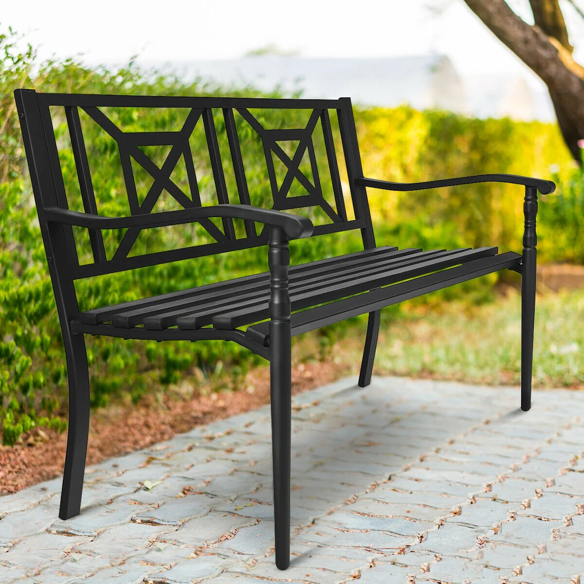 Patio Garden Bench, Powder Coated Steel Frame, Black - Image 7