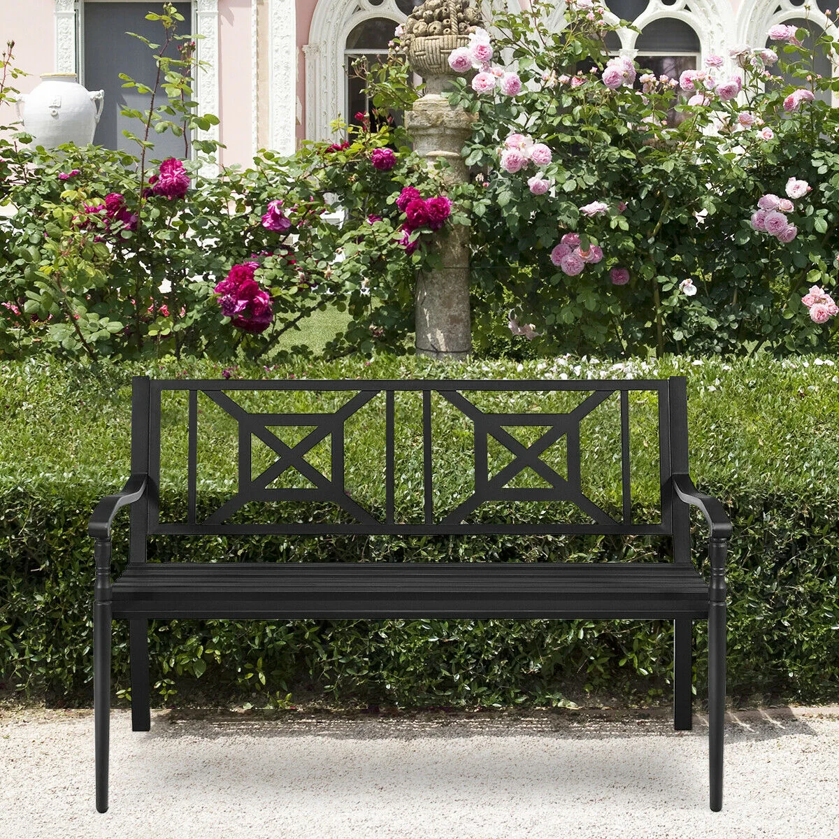 Patio Garden Bench, Powder Coated Steel Frame, Black - Image 9