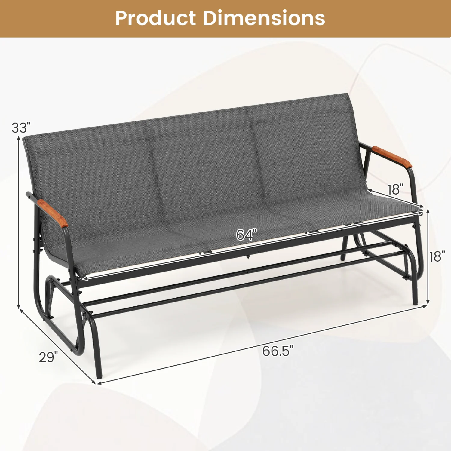 Patio Glider Bench, Curved Teak Armrests, Fabric Seat, 3 Person, Gray - Image 4