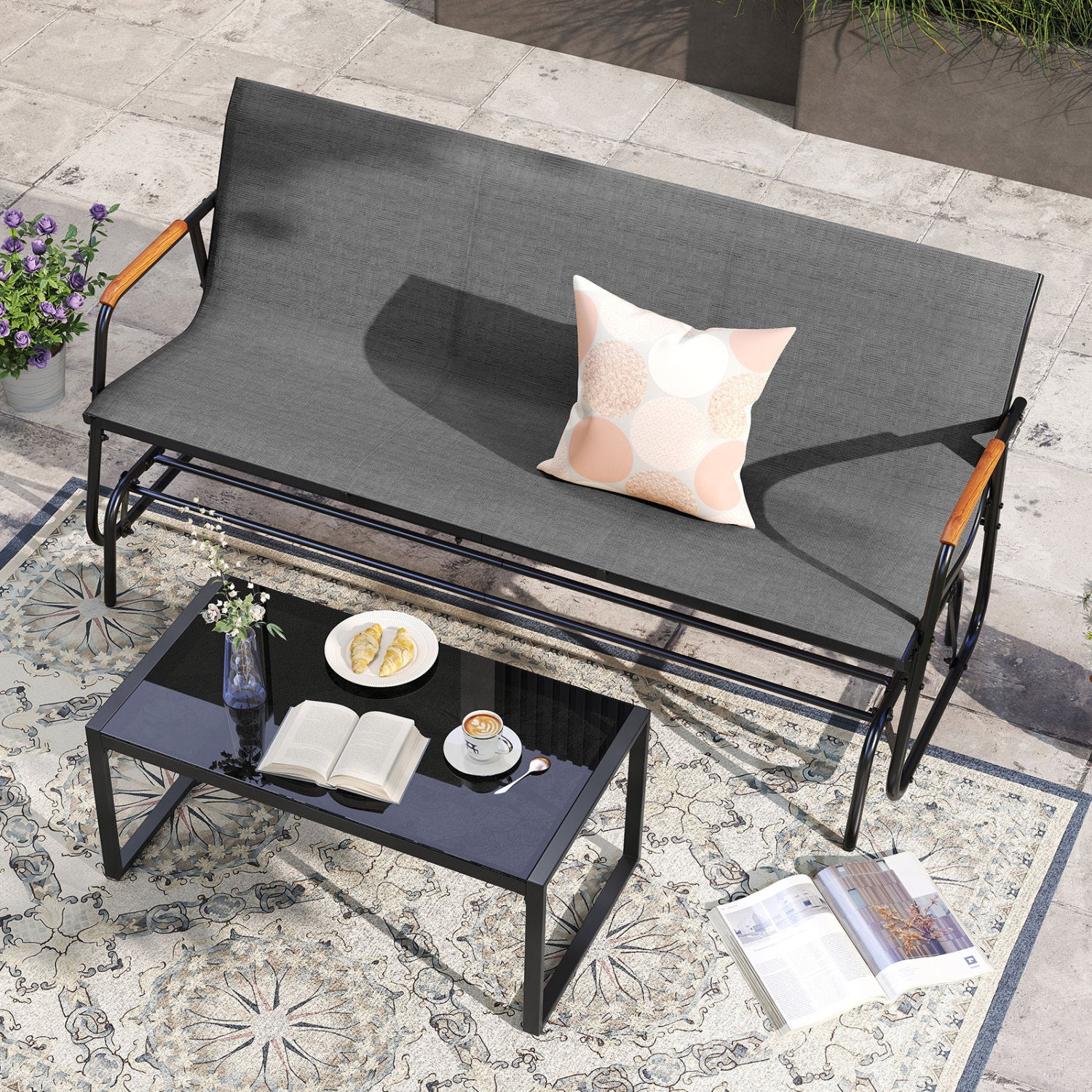 Patio Glider Bench, Curved Teak Armrests, Fabric Seat, 3 Person, Gray - Image 5